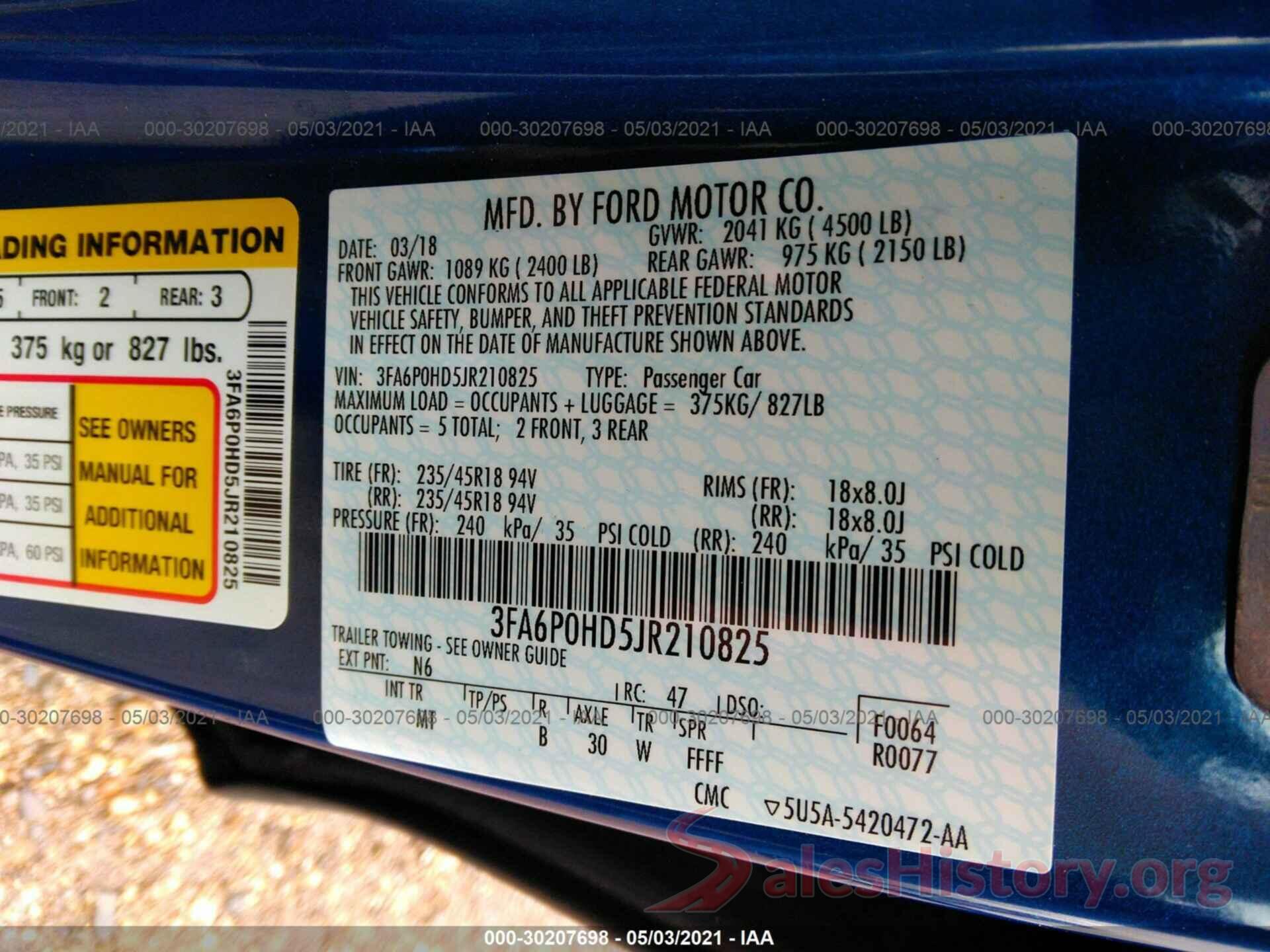 3FA6P0HD5JR210825 2018 FORD FUSION