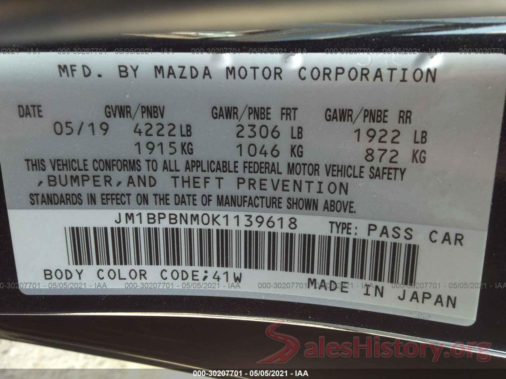 JM1BPBNM0K1139618 2019 MAZDA MAZDA3 HATCHBACK