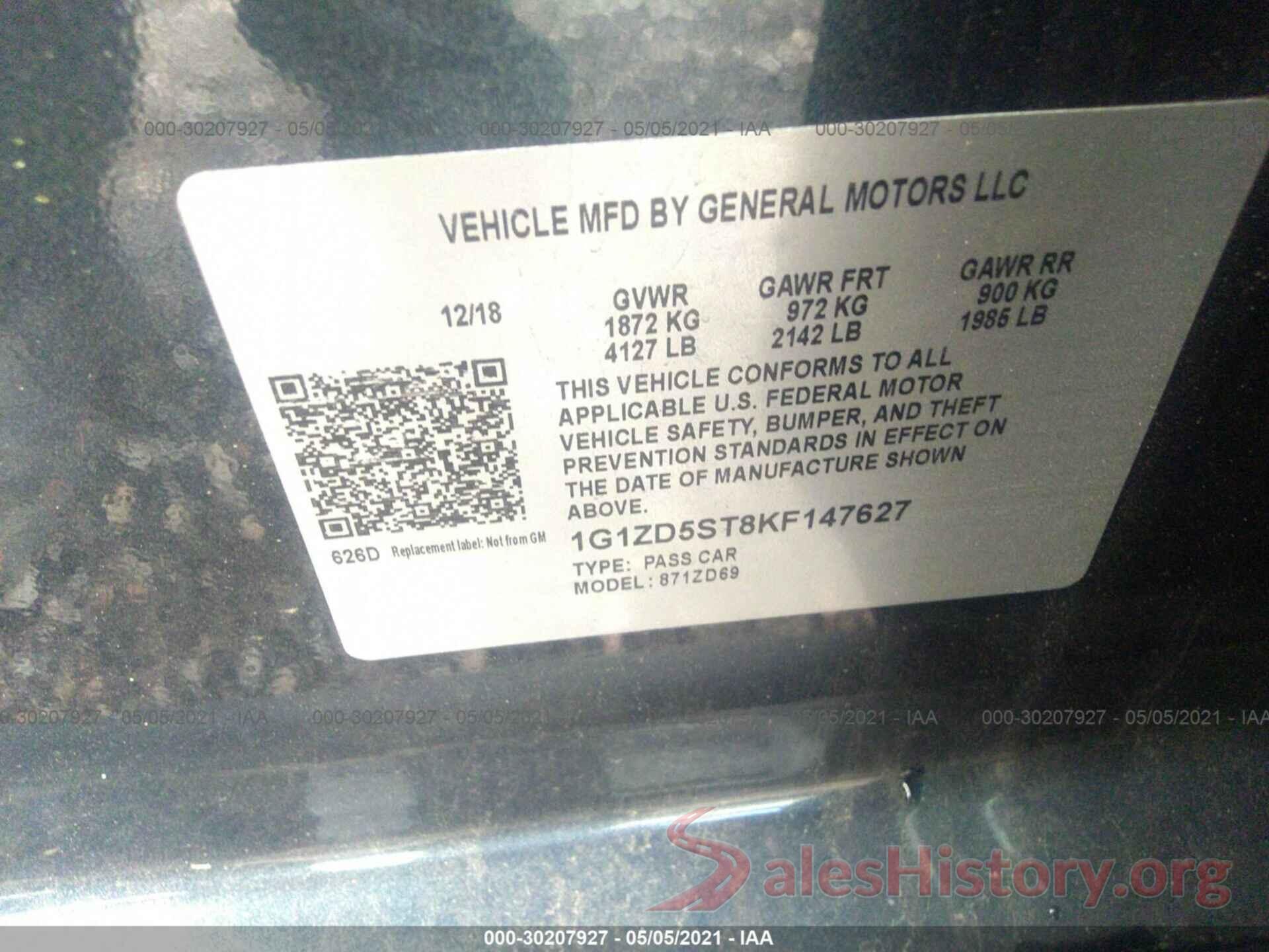 1G1ZD5ST8KF147627 2019 CHEVROLET MALIBU