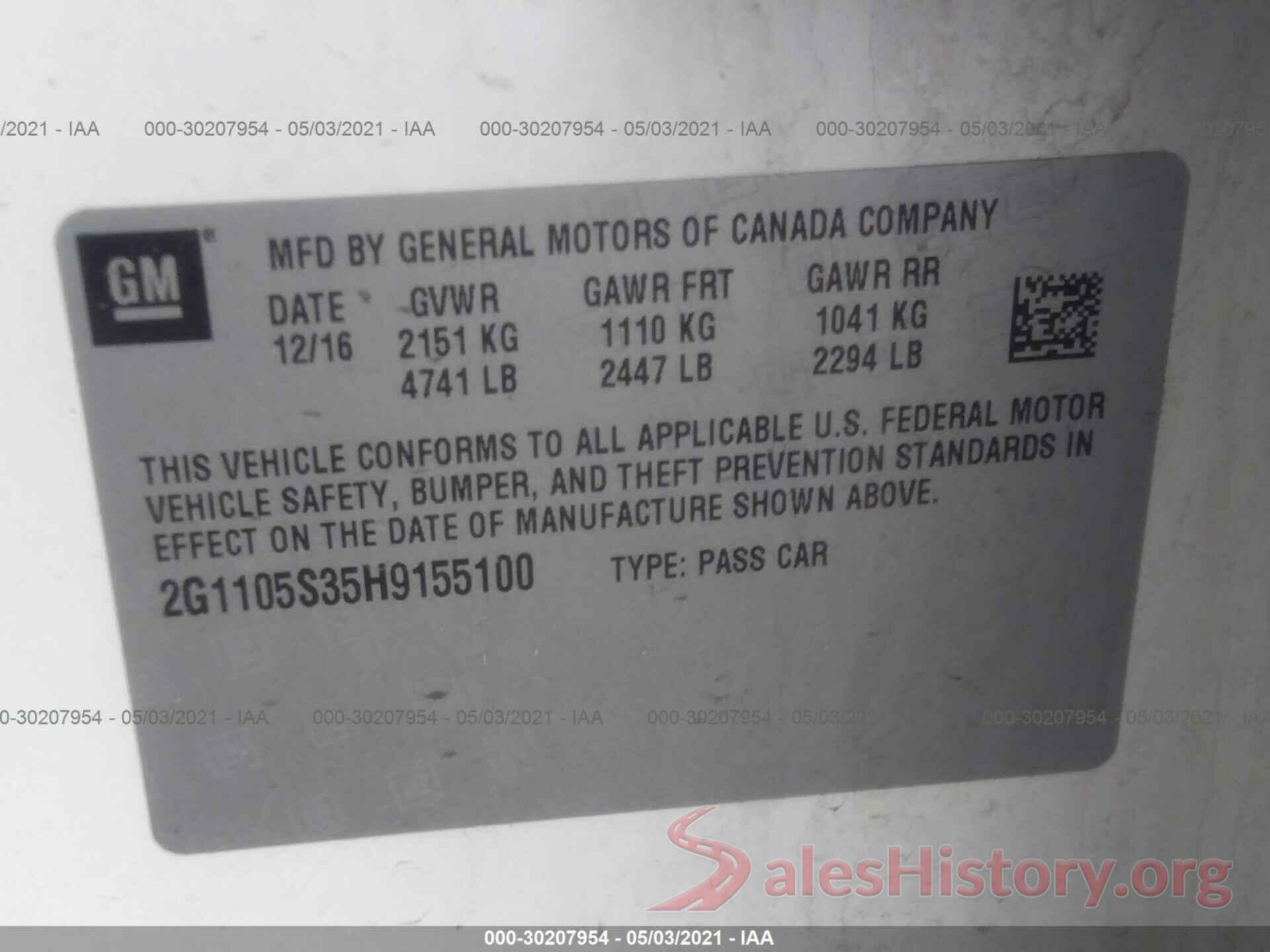 2G1105S35H9155100 2017 CHEVROLET IMPALA