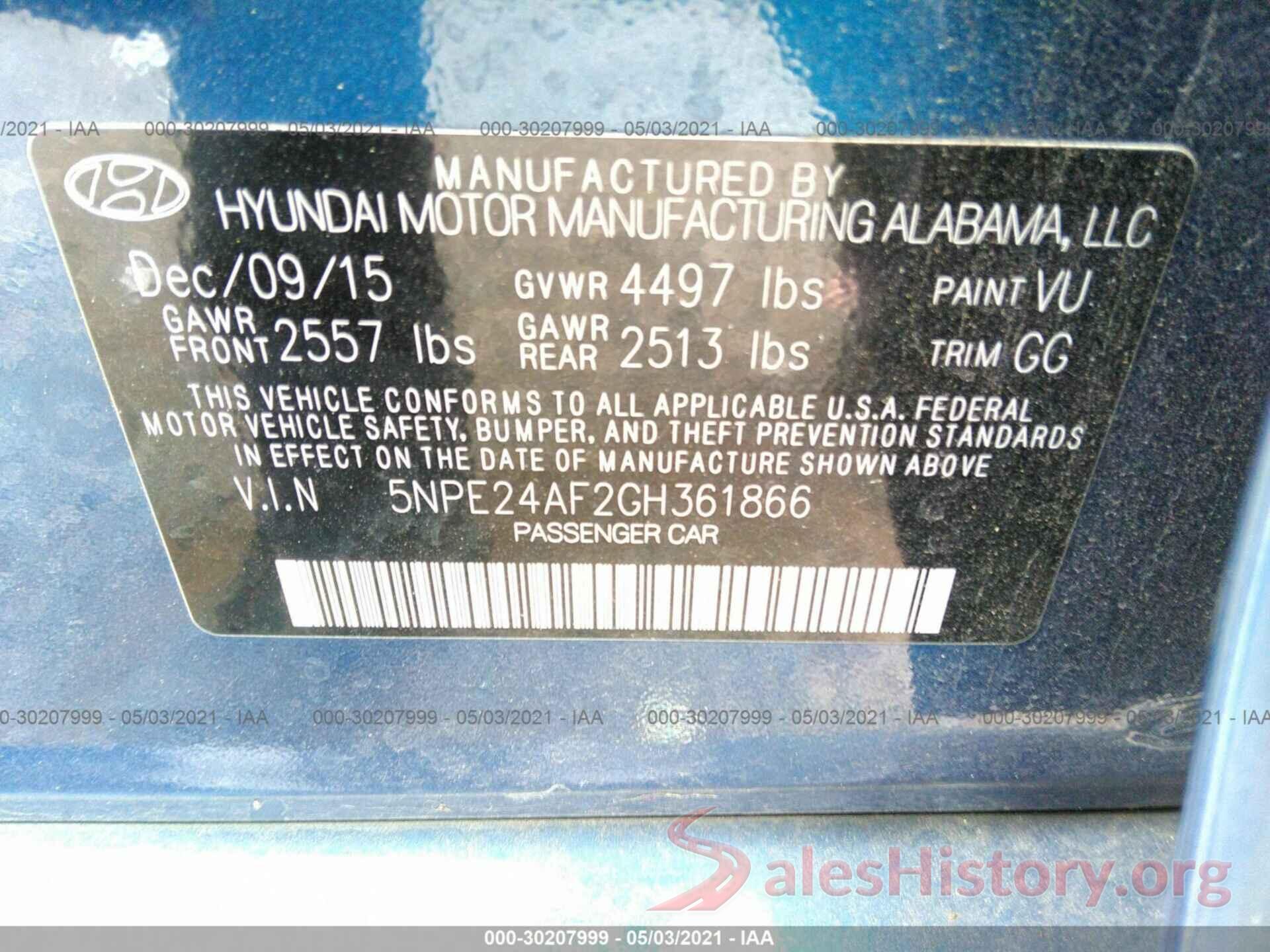 5NPE24AF2GH361866 2016 HYUNDAI SONATA