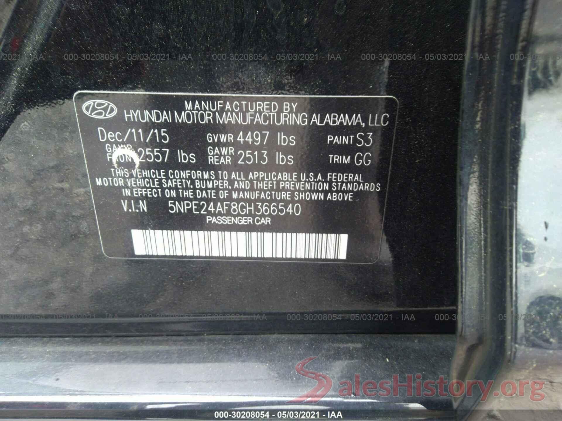 5NPE24AF8GH366540 2016 HYUNDAI SONATA