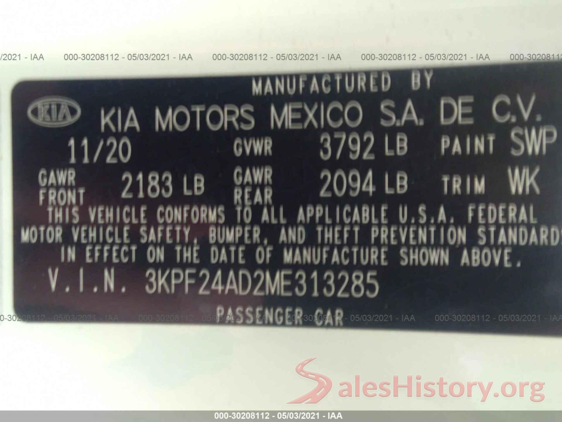 3KPF24AD2ME313285 2021 KIA FORTE