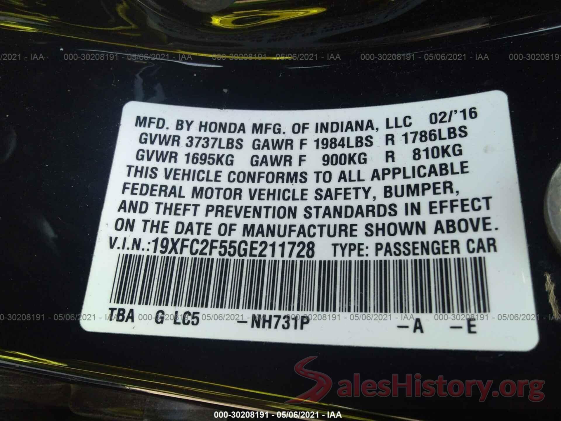 19XFC2F55GE211728 2016 HONDA CIVIC SEDAN