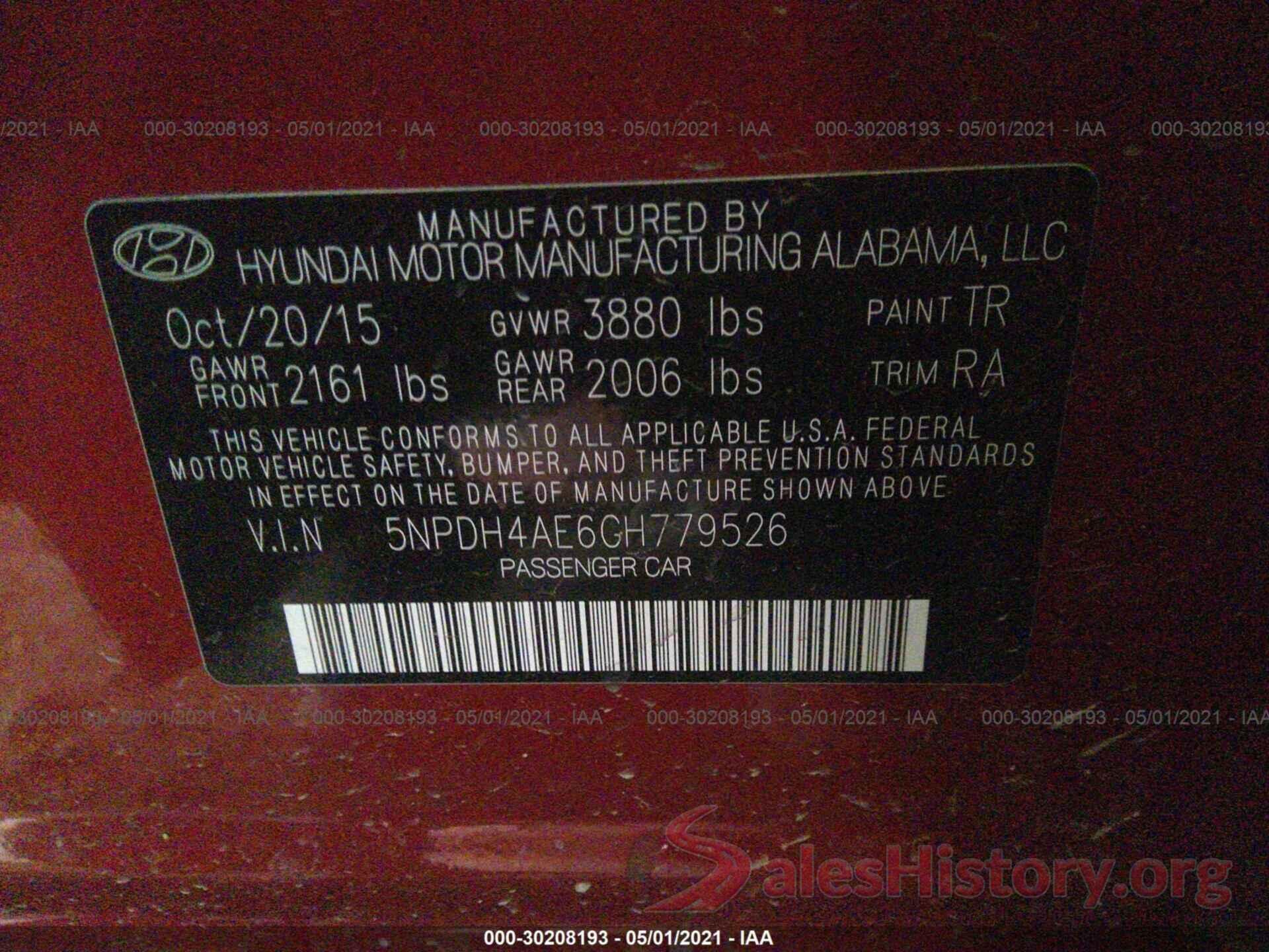 5NPDH4AE6GH779526 2016 HYUNDAI ELANTRA