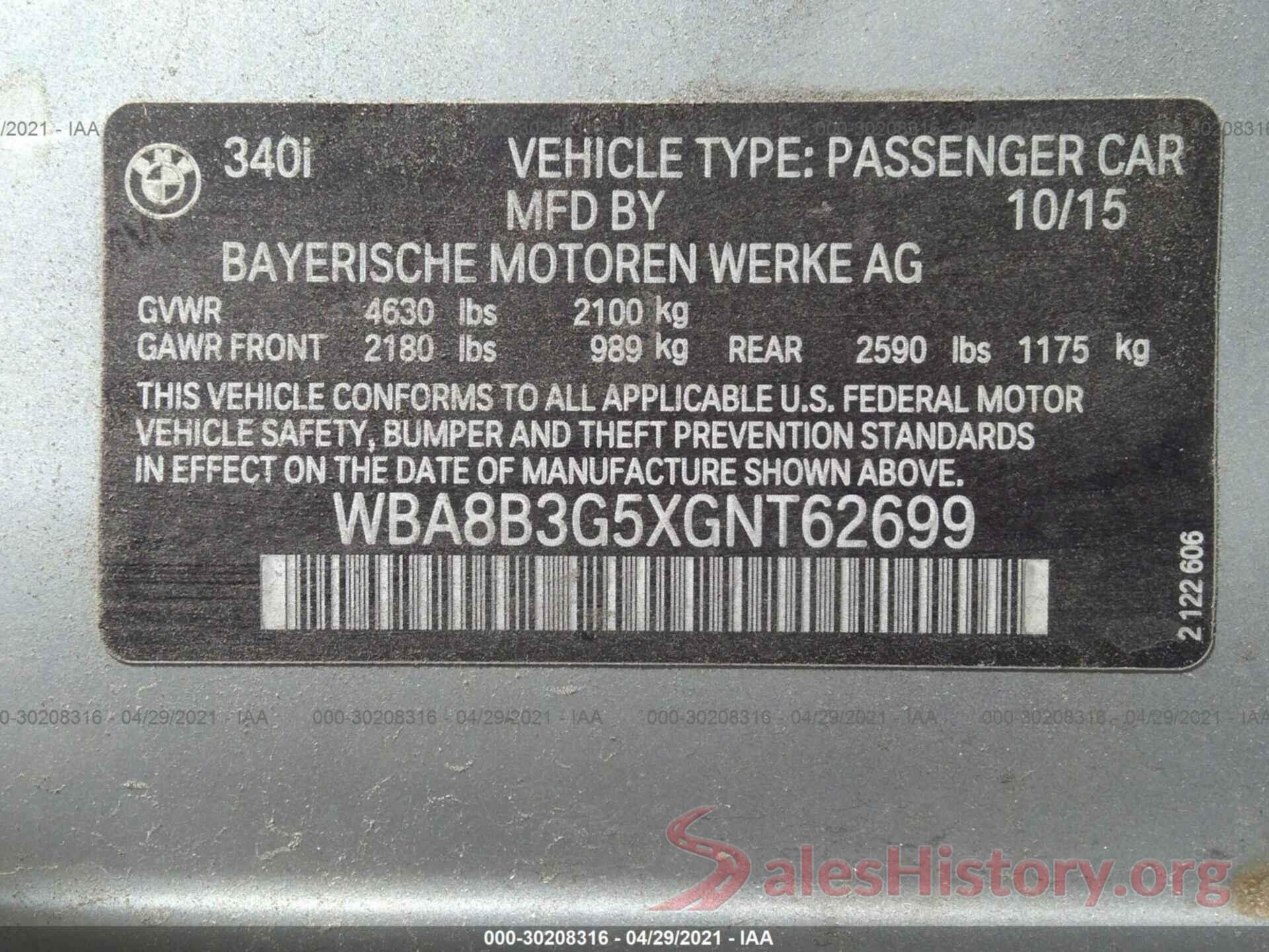 WBA8B3G5XGNT62699 2016 BMW 3 SERIES