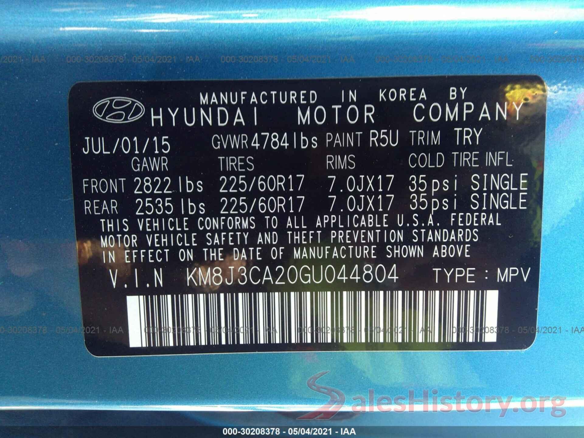 KM8J3CA20GU044804 2016 HYUNDAI TUCSON