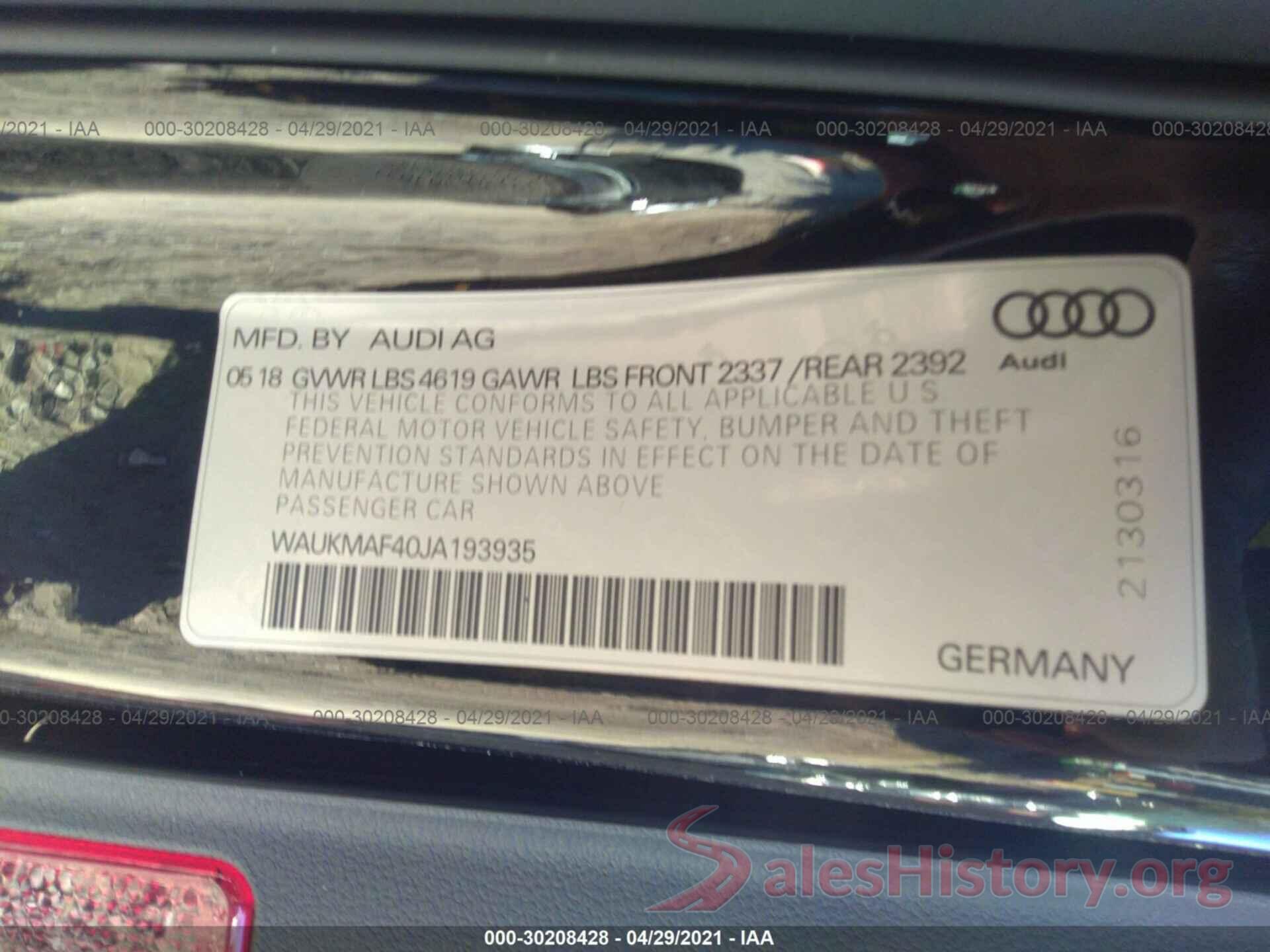 WAUKMAF40JA193935 2018 AUDI A4