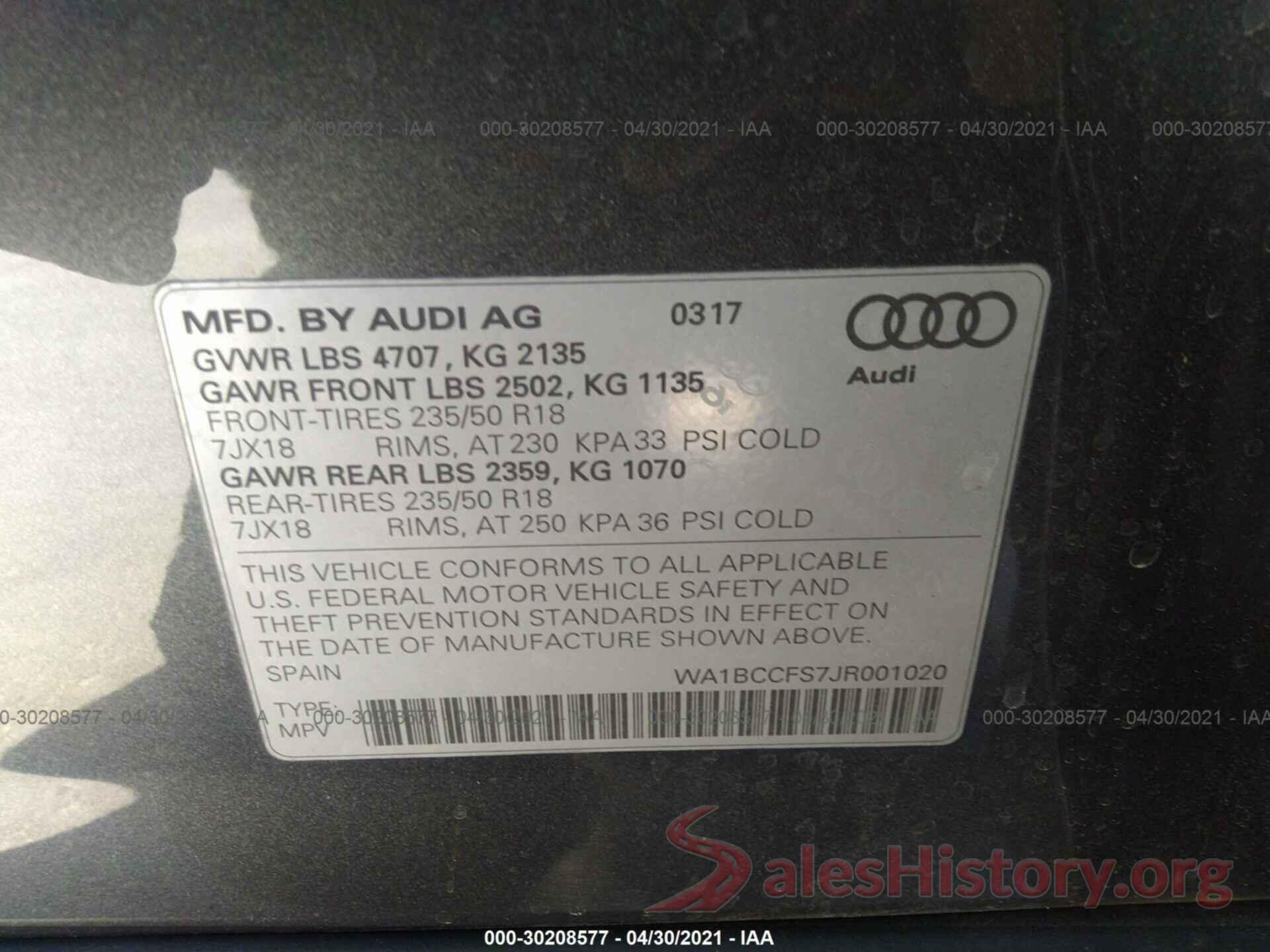 WA1BCCFS7JR001020 2018 AUDI Q3