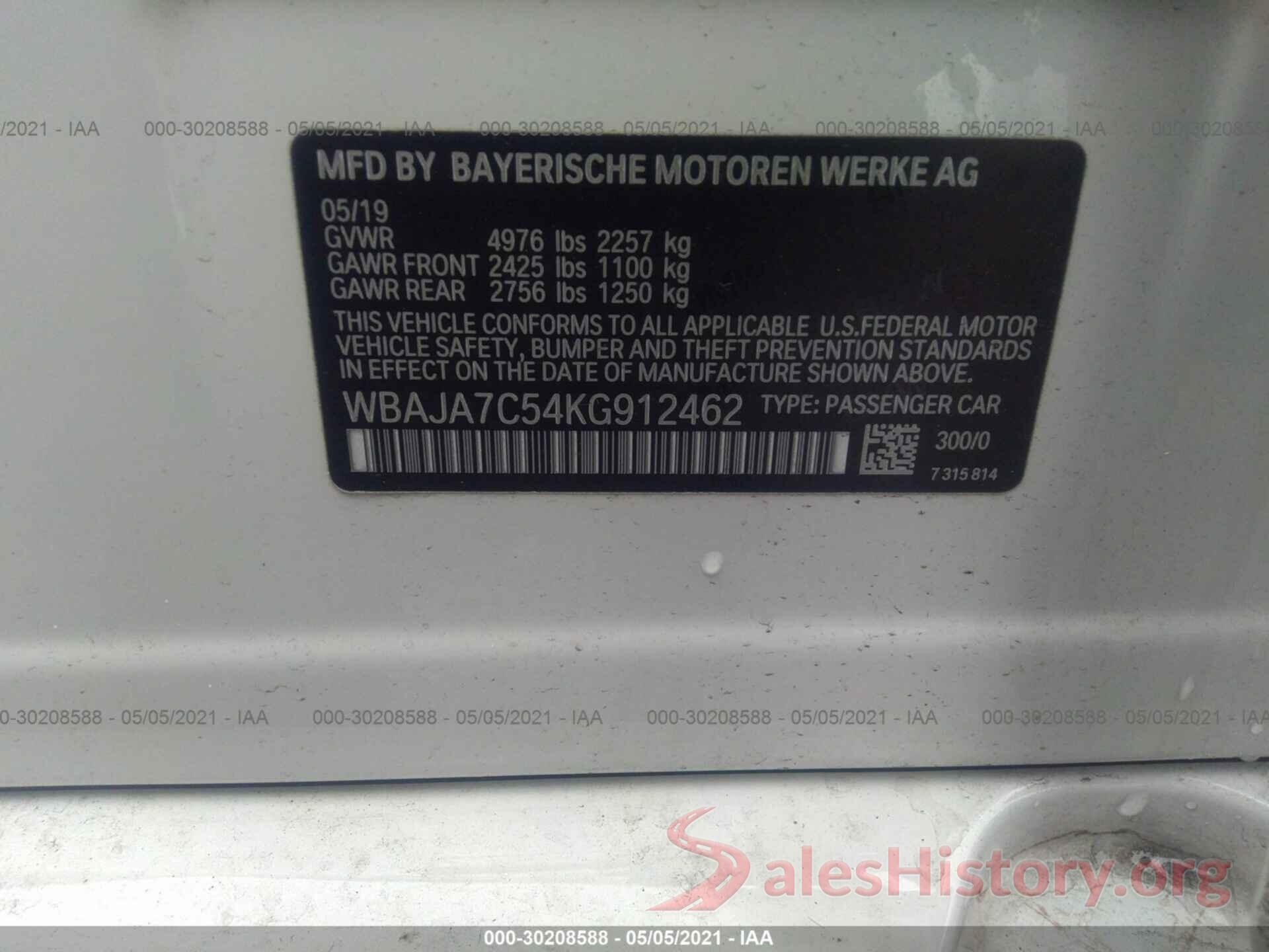 WBAJA7C54KG912462 2019 BMW 5 SERIES