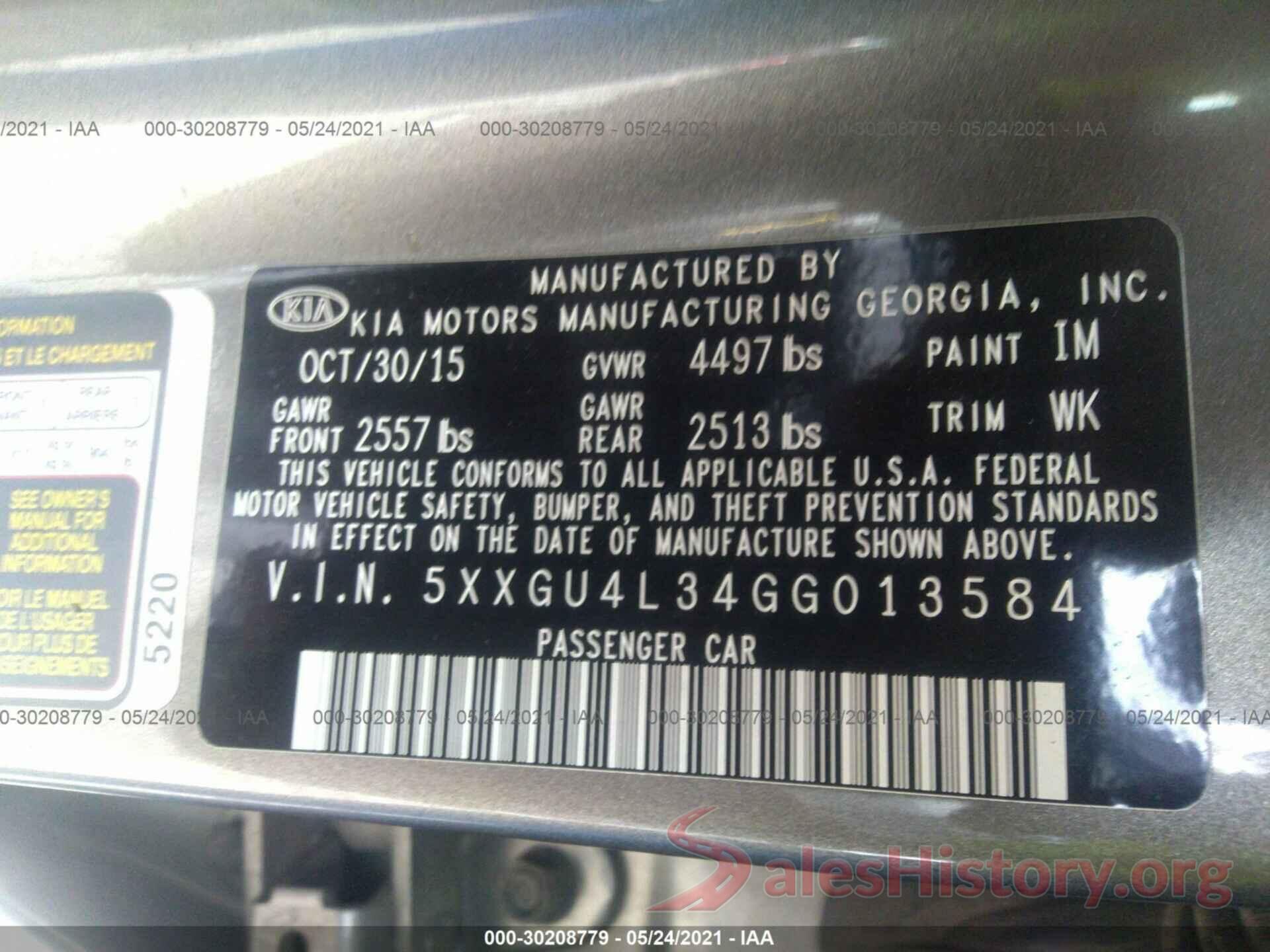 5XXGU4L34GG013584 2016 KIA OPTIMA