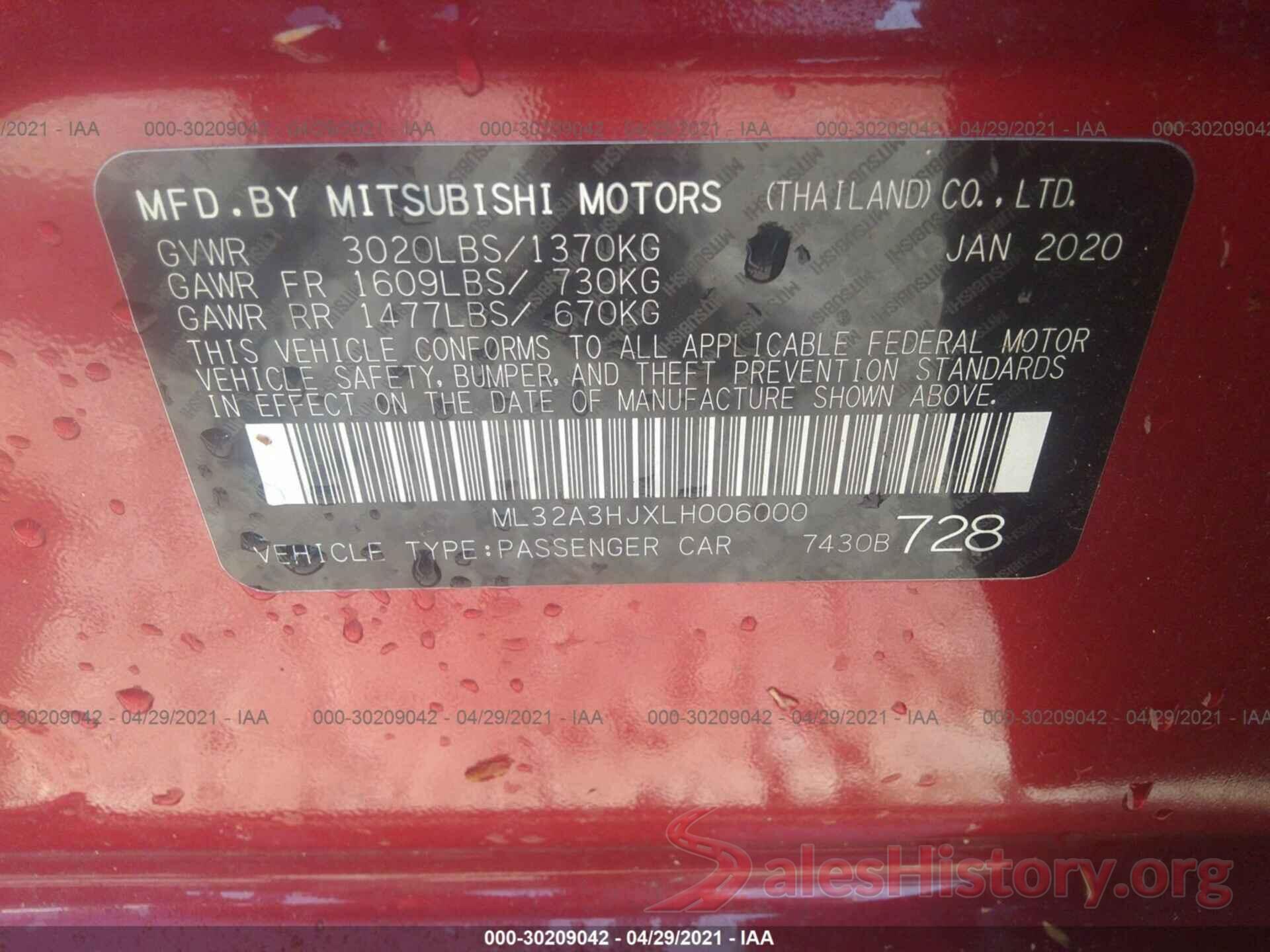 ML32A3HJXLH006000 2020 MITSUBISHI MIRAGE