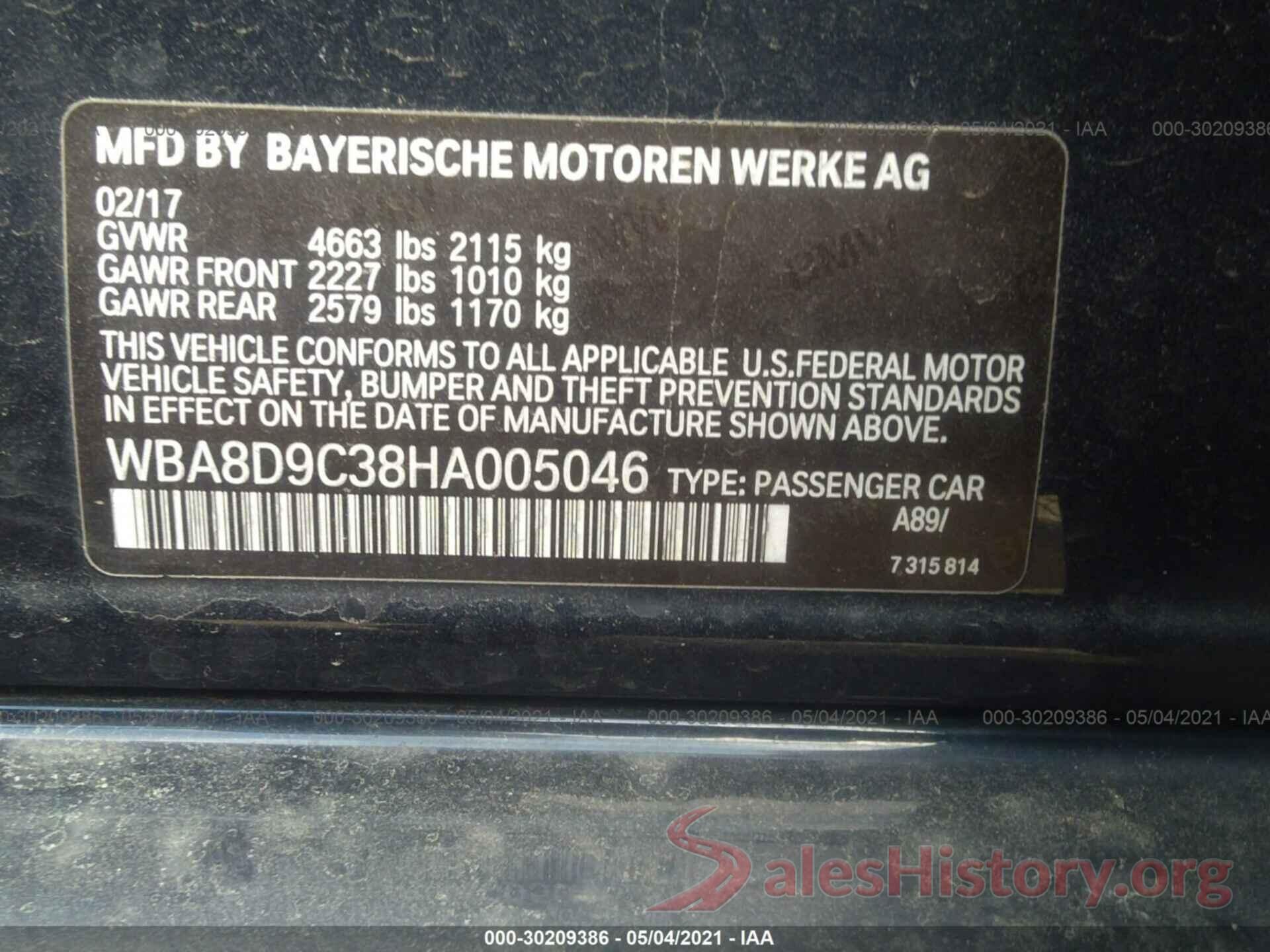 WBA8D9C38HA005046 2017 BMW 3 SERIES