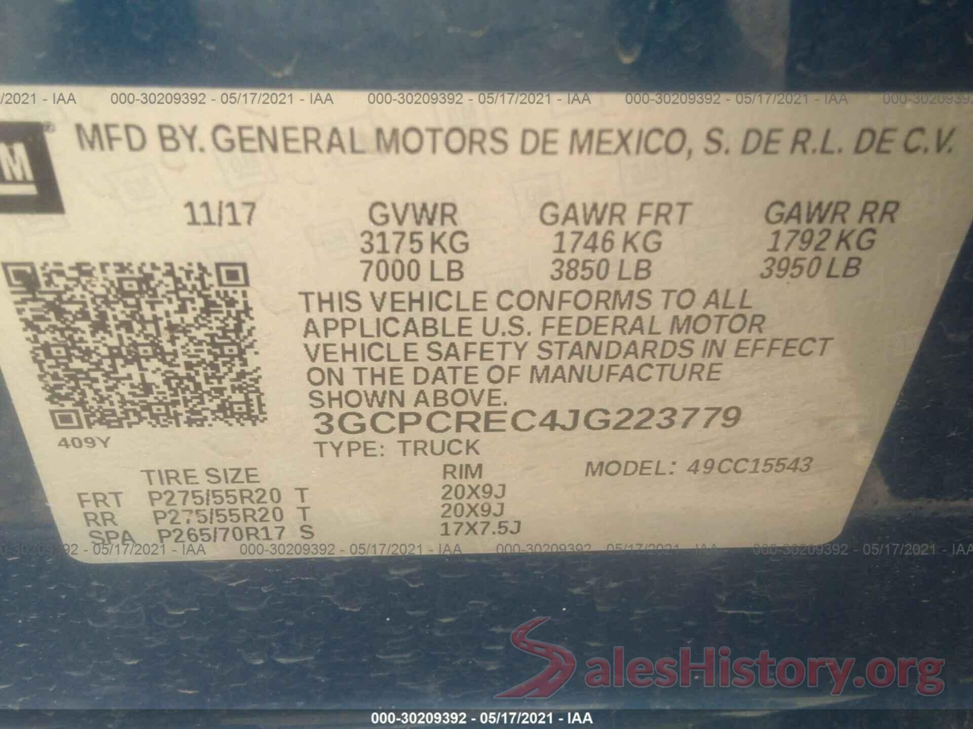 3GCPCREC4JG223779 2018 CHEVROLET SILVERADO 1500