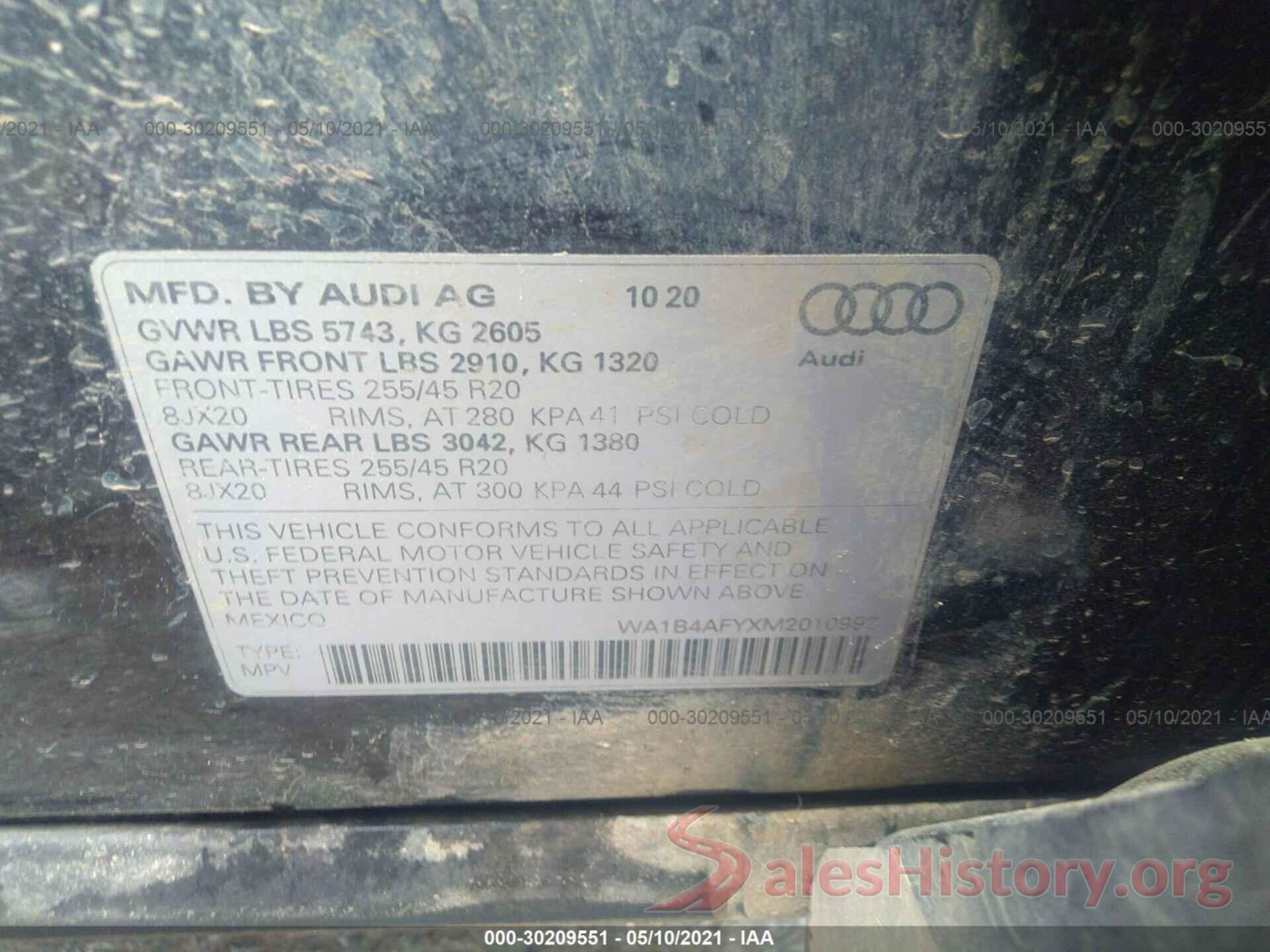 WA1B4AFYXM2010992 2021 AUDI SQ5