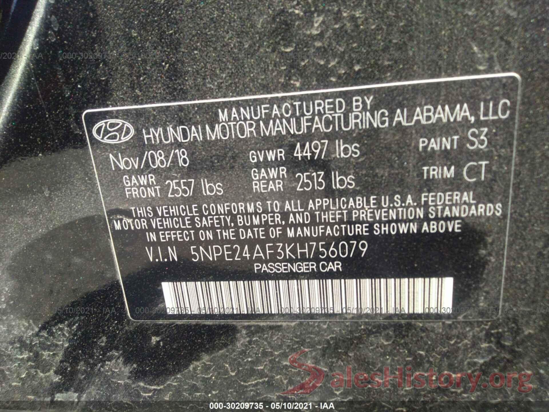 5NPE24AF3KH756079 2019 HYUNDAI SONATA