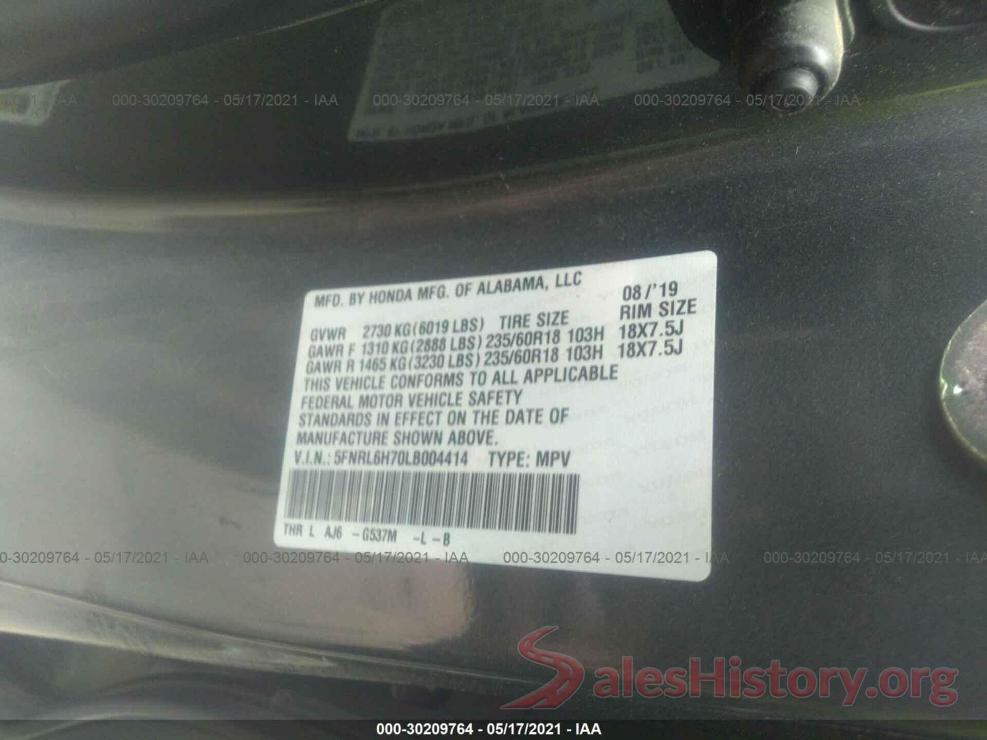 5FNRL6H70LB004414 2020 HONDA ODYSSEY