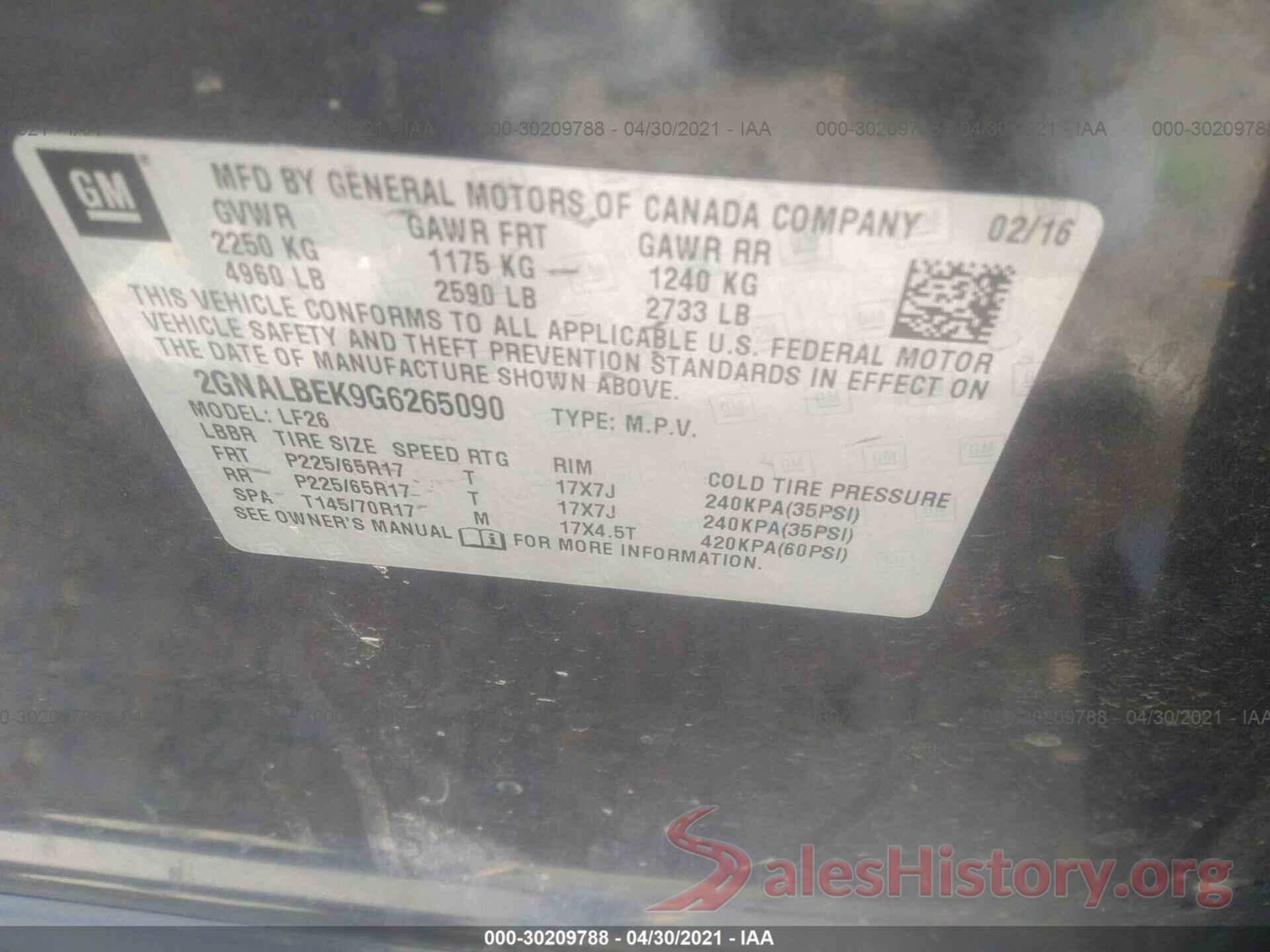 2GNALBEK9G6265090 2016 CHEVROLET EQUINOX