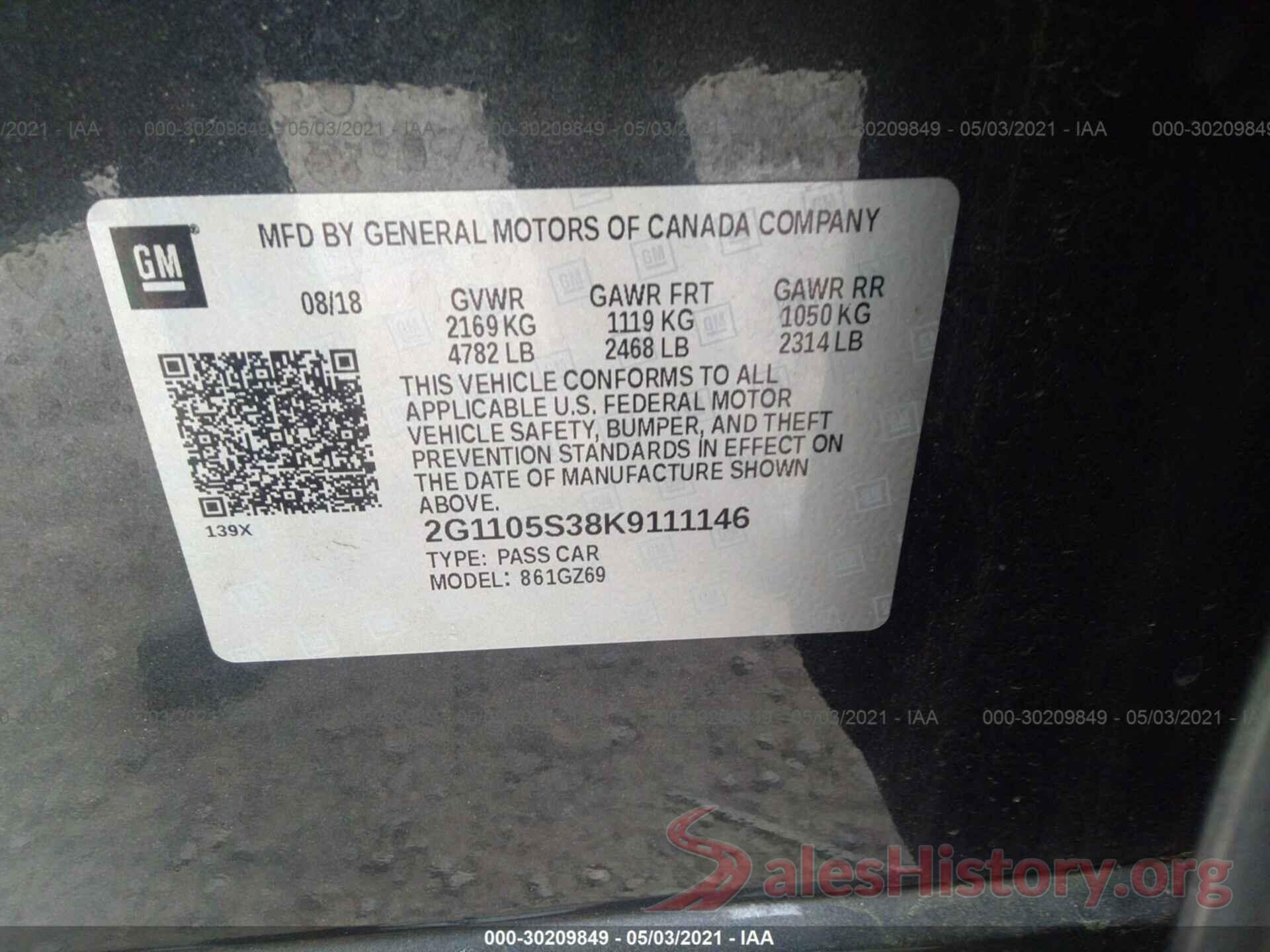 2G1105S38K9111146 2019 CHEVROLET IMPALA