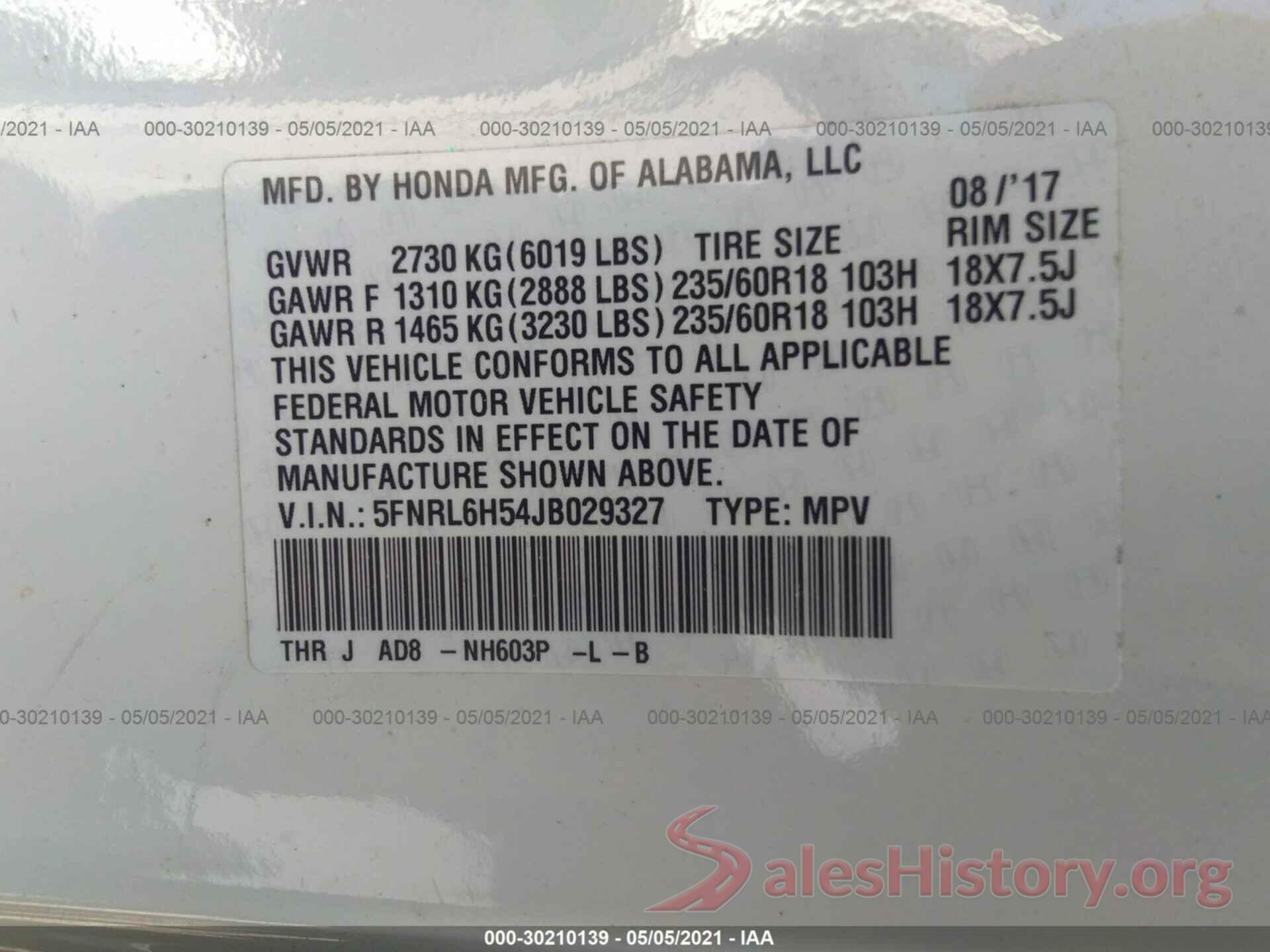 5FNRL6H54JB029327 2018 HONDA ODYSSEY