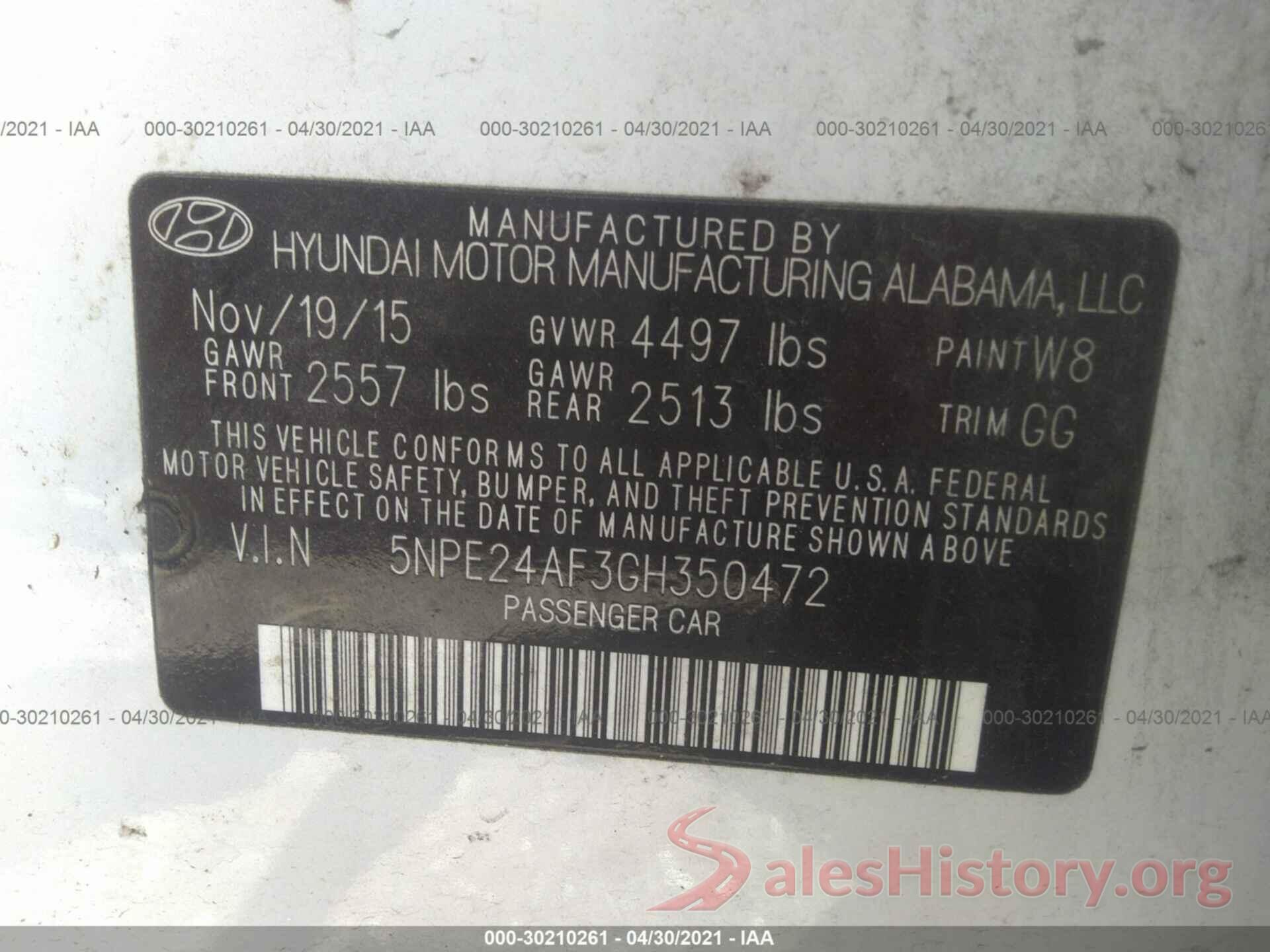 5NPE24AF3GH350472 2016 HYUNDAI SONATA