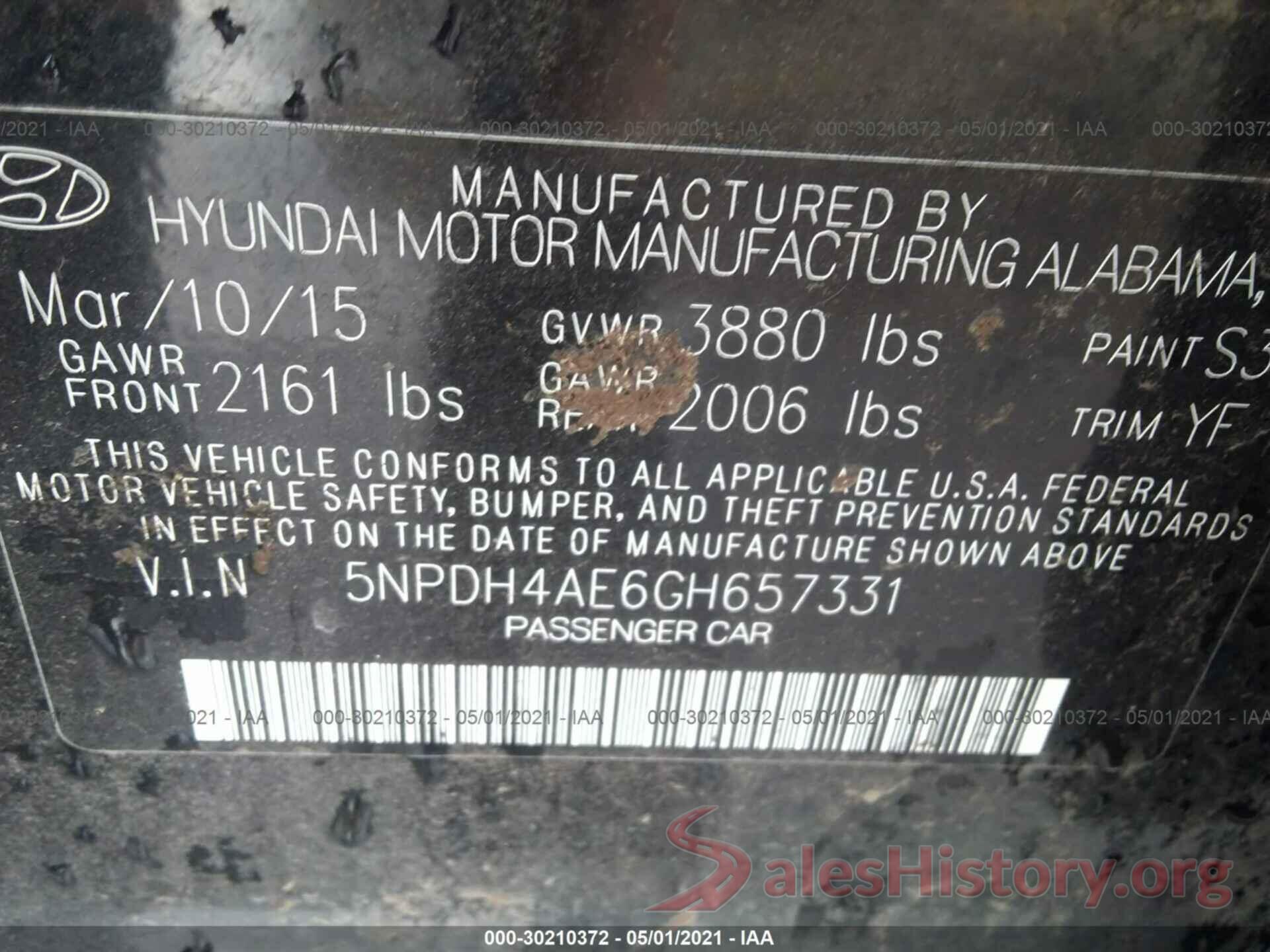 5NPDH4AE6GH657331 2016 HYUNDAI ELANTRA