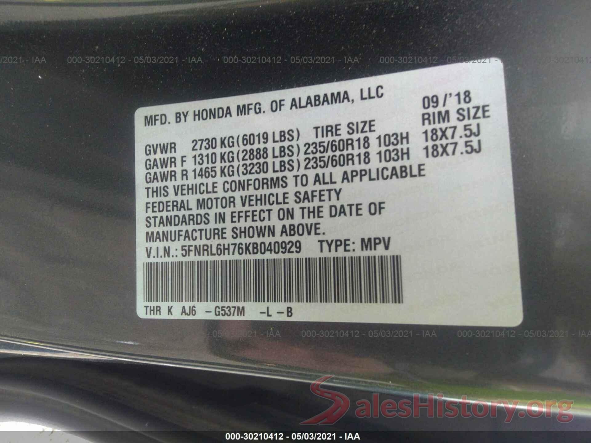 5FNRL6H76KB040929 2019 HONDA ODYSSEY