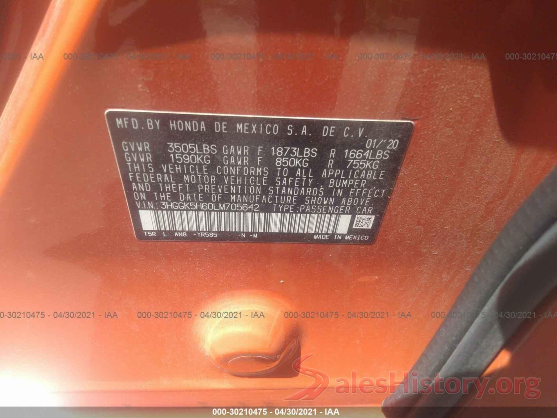 3HGGK5H60LM705642 2020 HONDA FIT