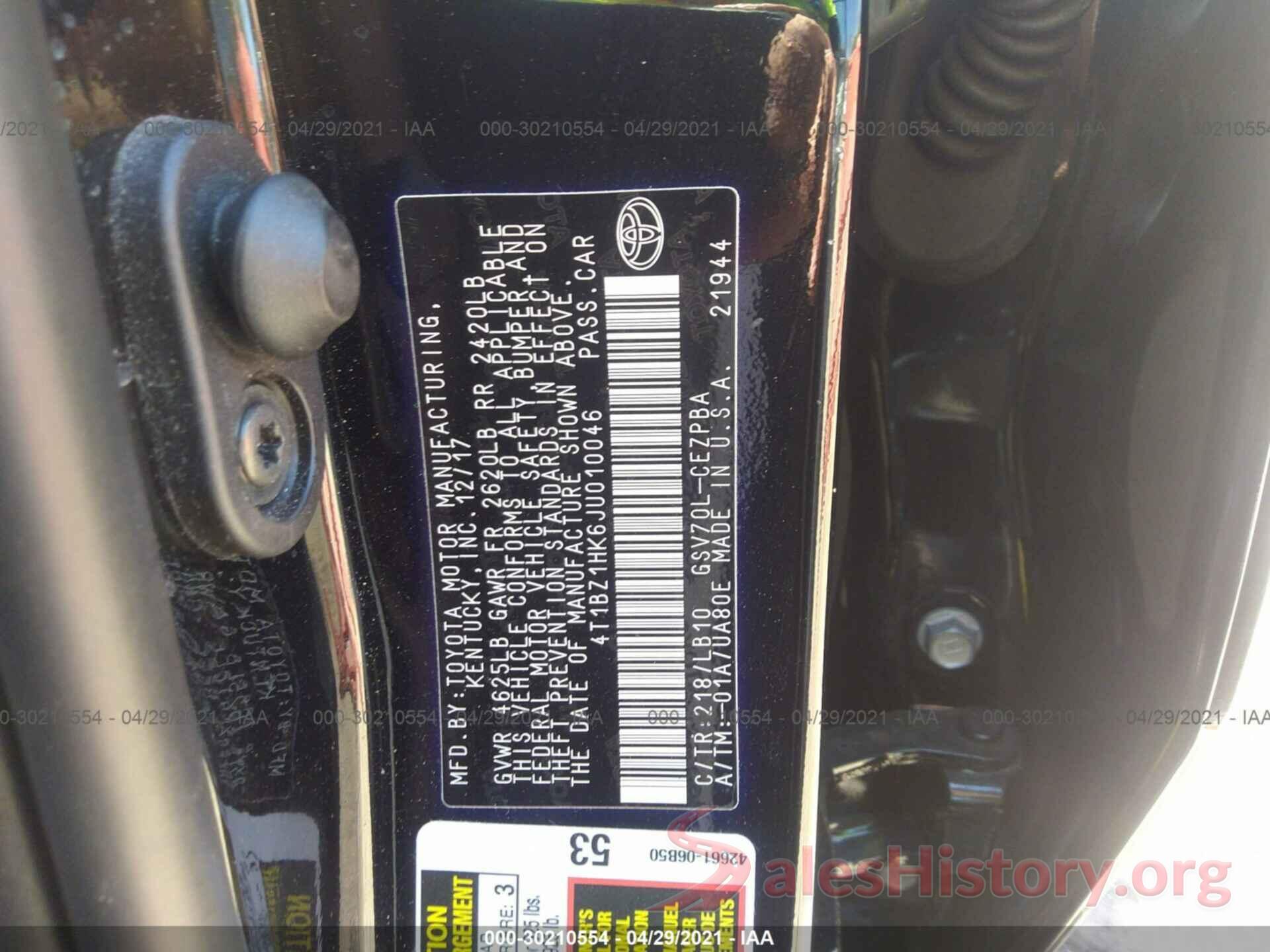 4T1BZ1HK6JU010046 2018 TOYOTA CAMRY