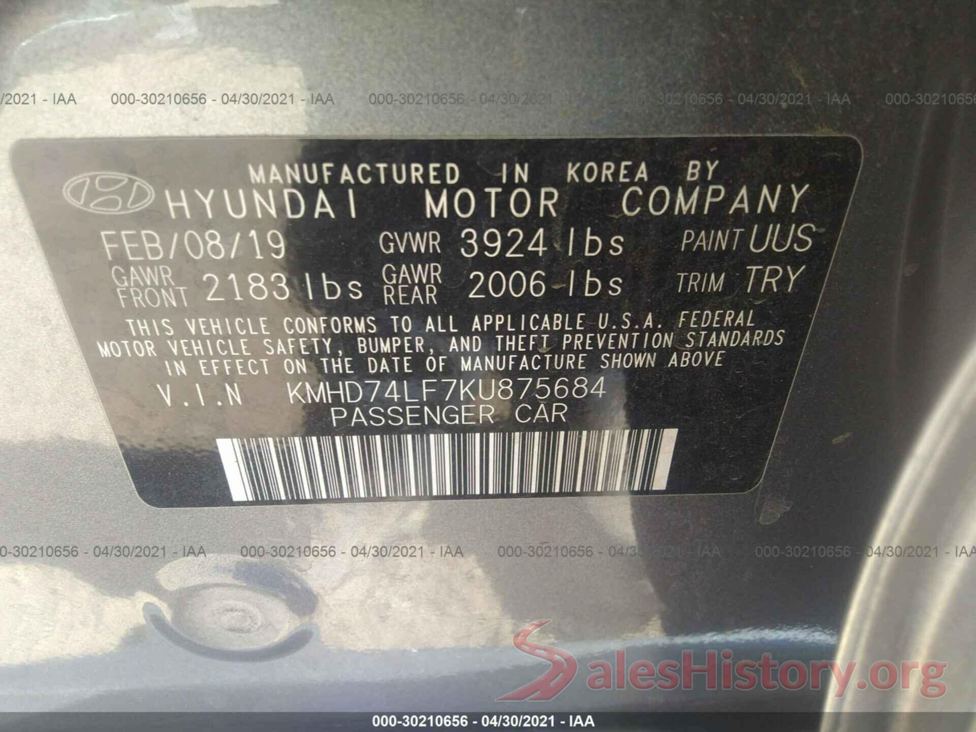 KMHD74LF7KU875684 2019 HYUNDAI ELANTRA