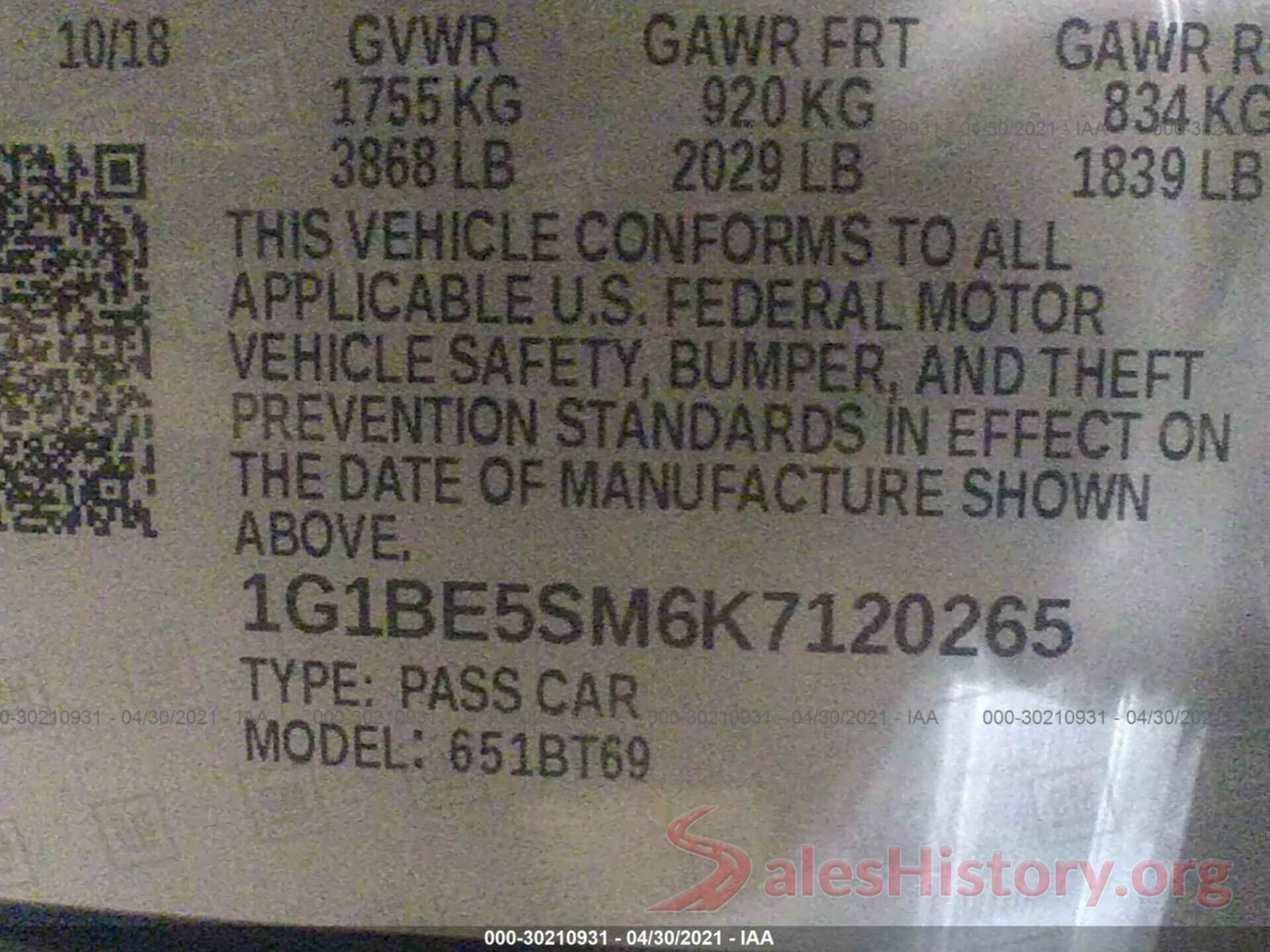 1G1BE5SM6K7120265 2019 CHEVROLET CRUZE