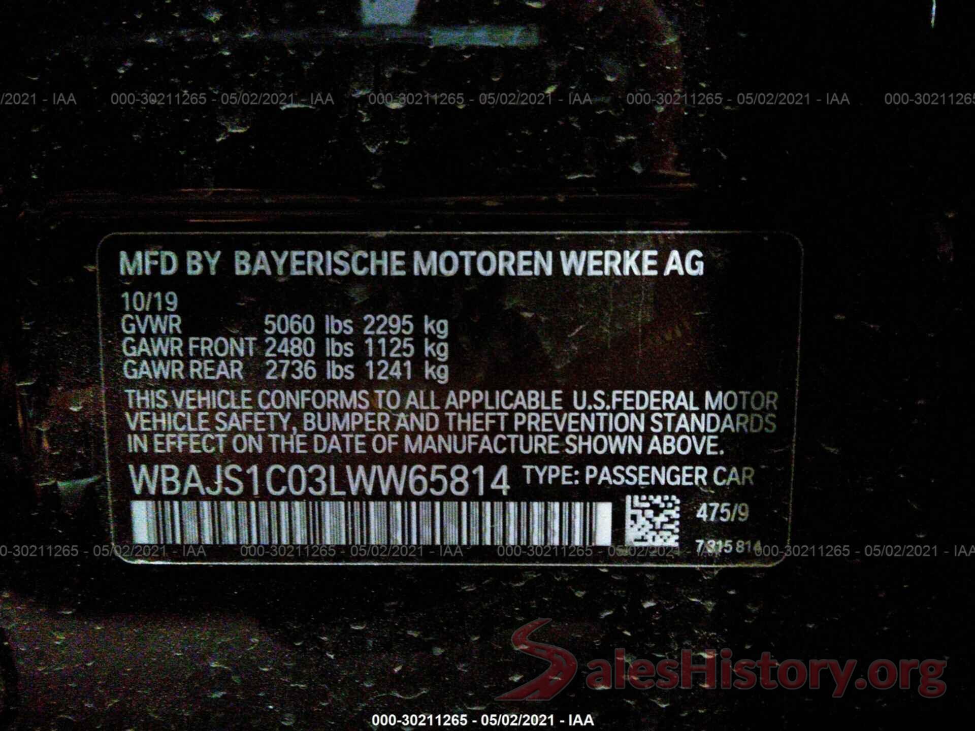 WBAJS1C03LWW65814 2020 BMW 5 SERIES