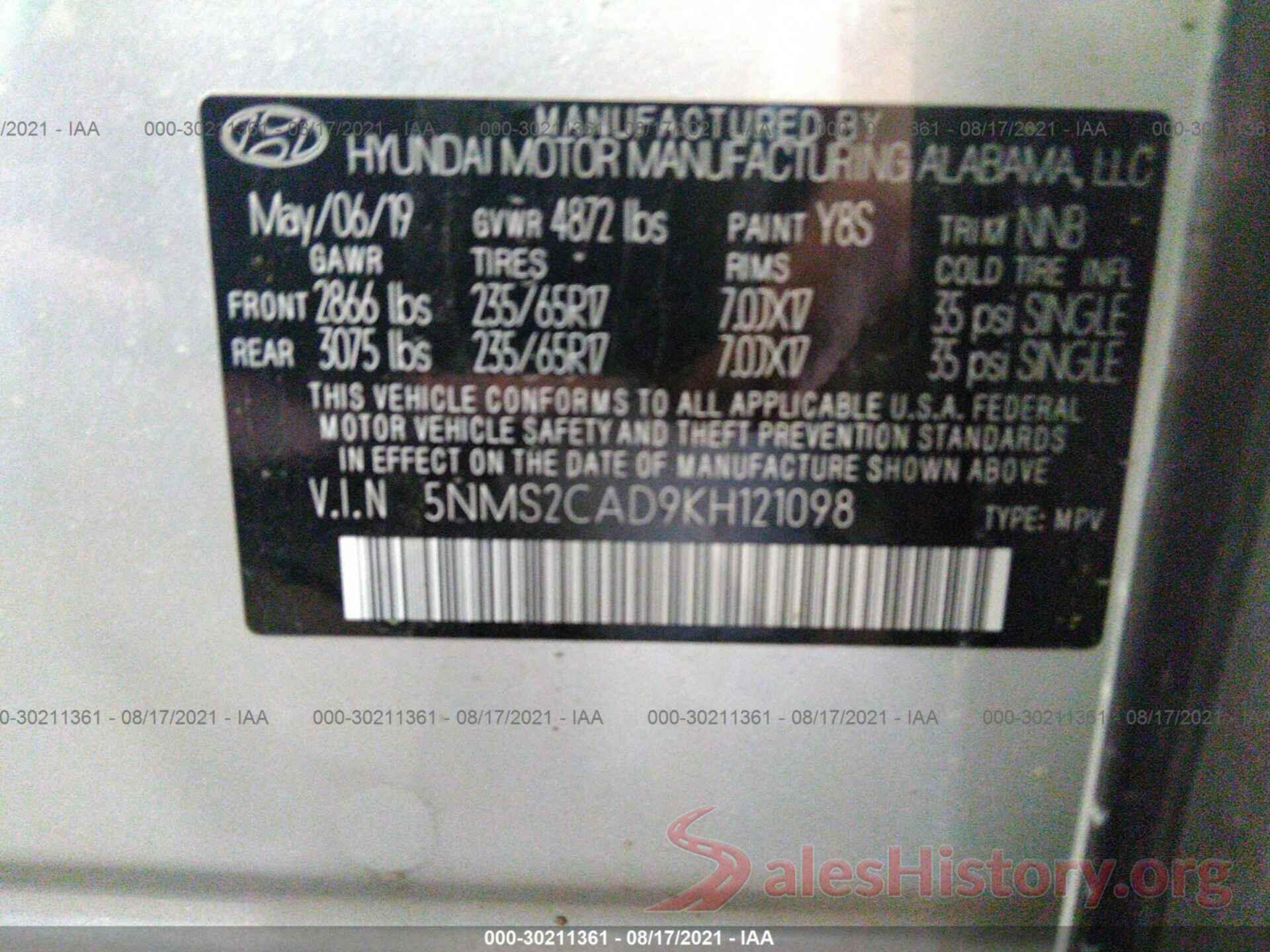 000S2CAD9KH121098 2019 HYUNDAI SANTA FE