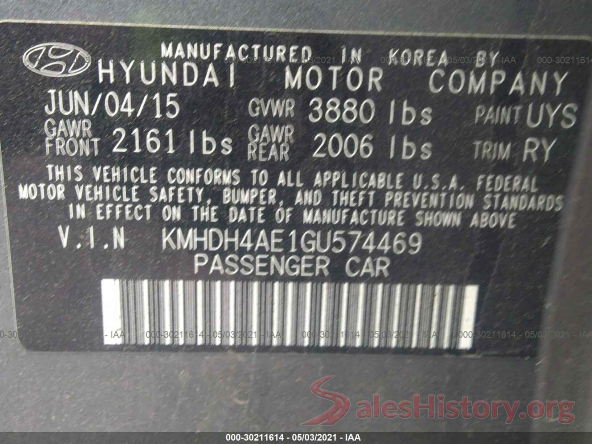 KMHDH4AE1GU574469 2016 HYUNDAI ELANTRA