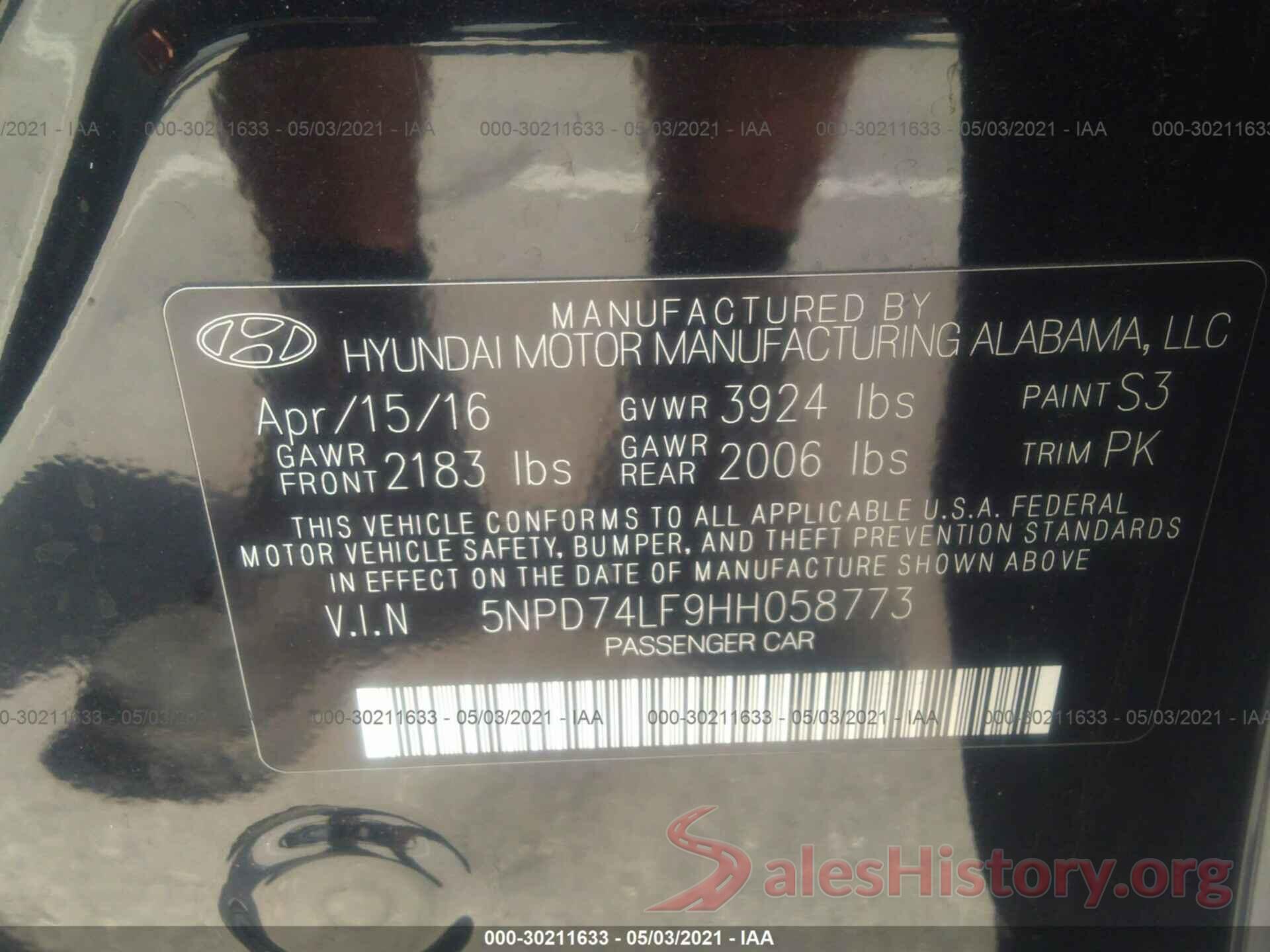 5NPD74LF9HH058773 2017 HYUNDAI ELANTRA