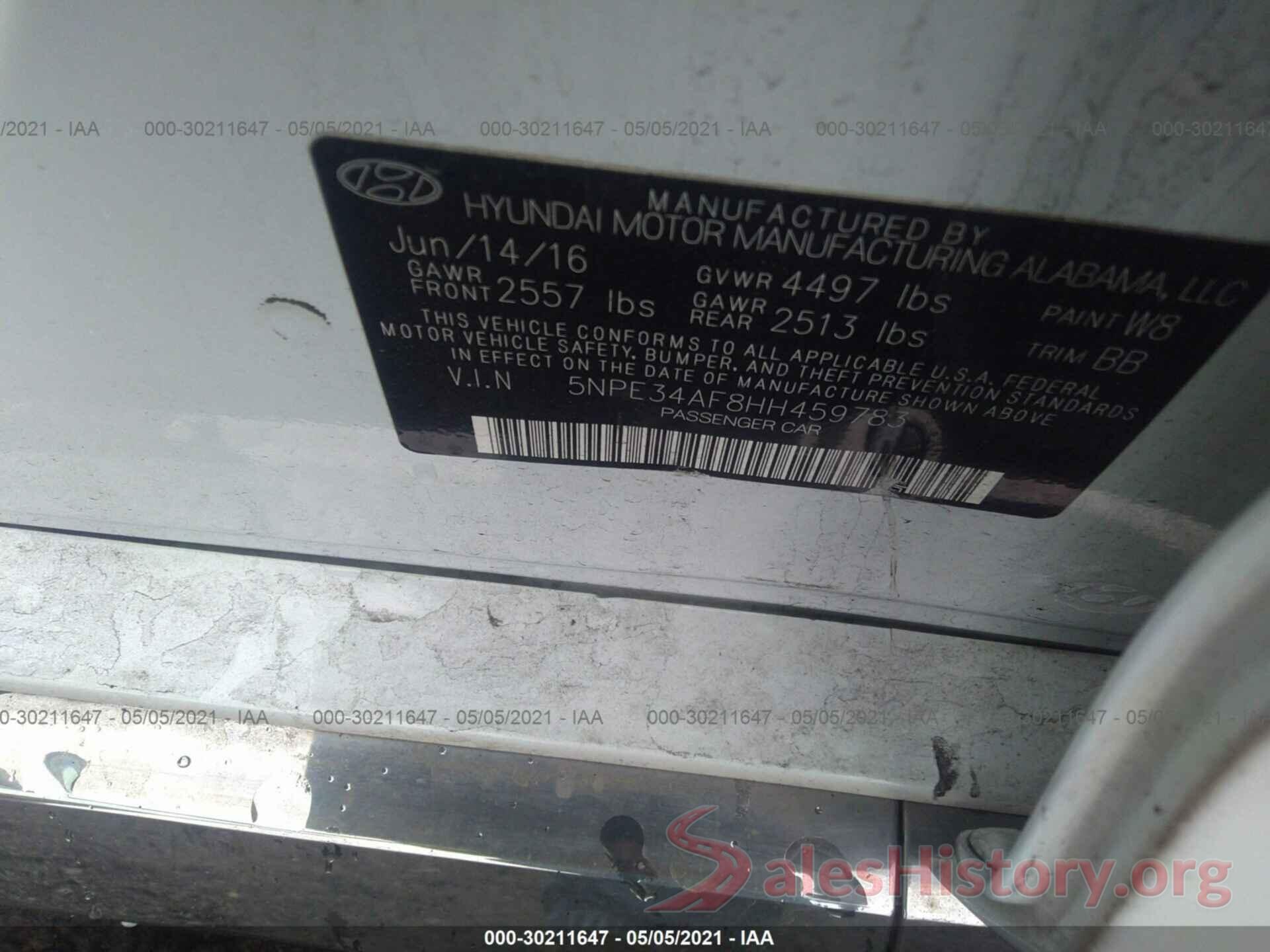 5NPE34AF8HH459783 2017 HYUNDAI SONATA