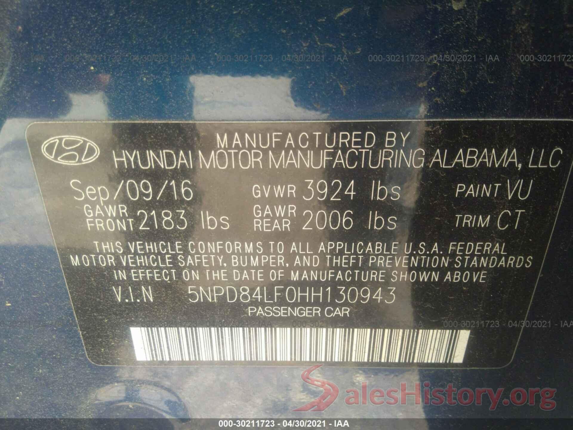 5NPD84LF0HH130943 2017 HYUNDAI ELANTRA