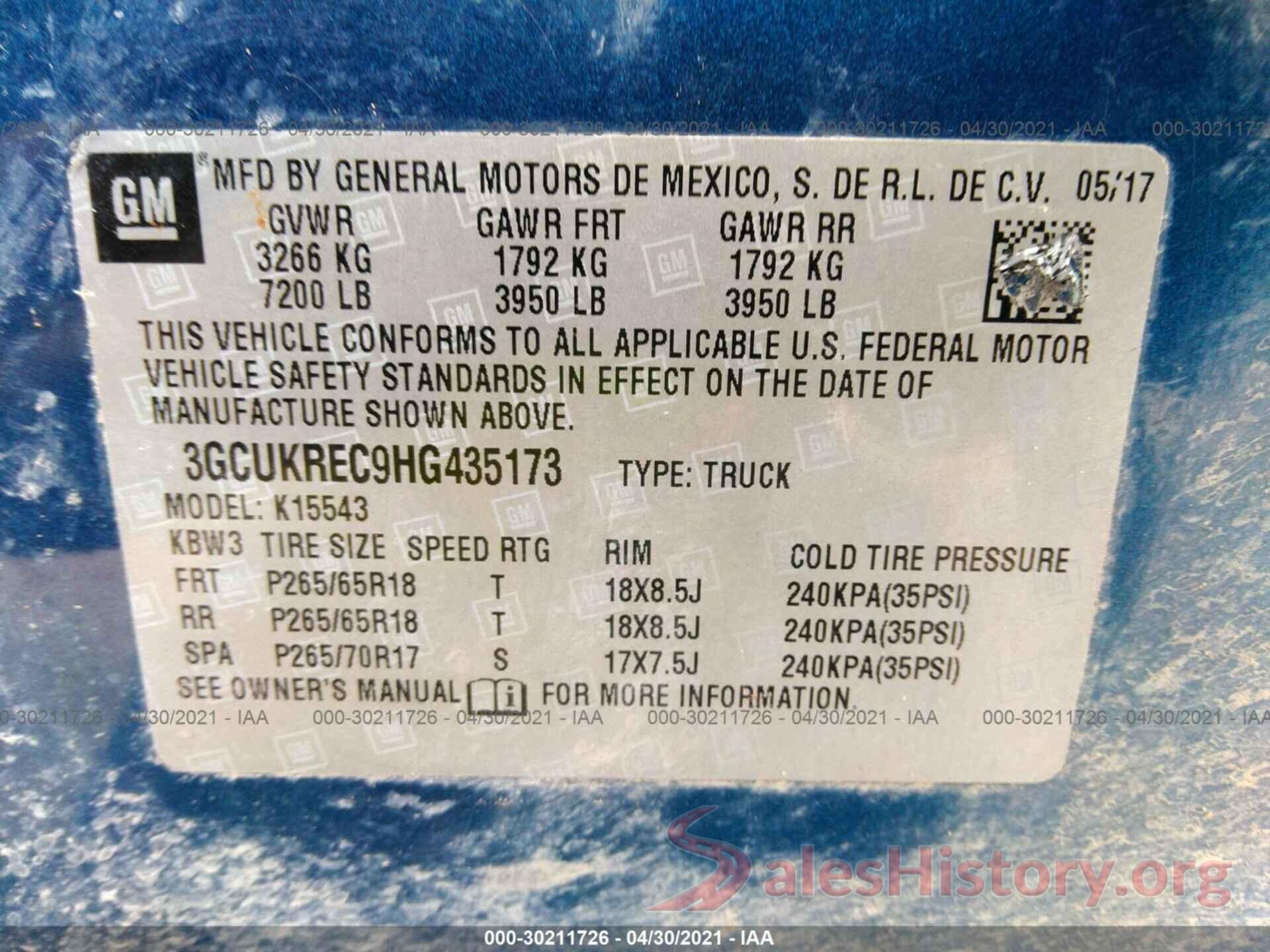 3GCUKREC9HG435173 2017 CHEVROLET SILVERADO 1500