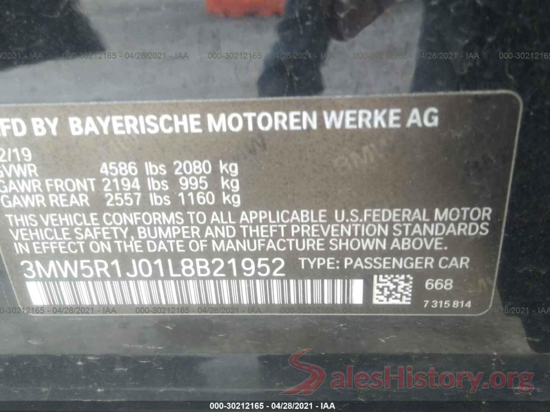 3MW5R1J01L8B21952 2020 BMW 3 SERIES