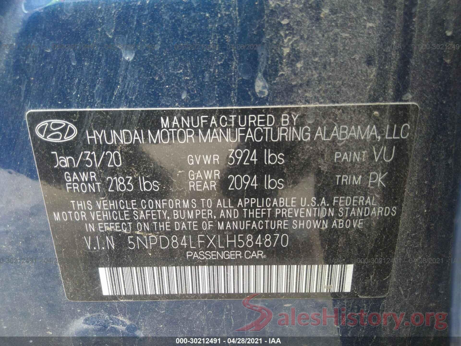 5NPD84LFXLH584870 2020 HYUNDAI ELANTRA