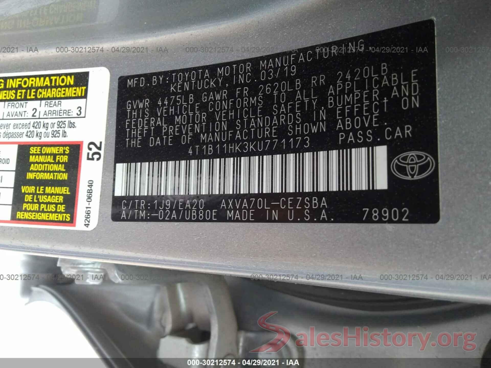 4T1B11HK3KU771173 2019 TOYOTA CAMRY