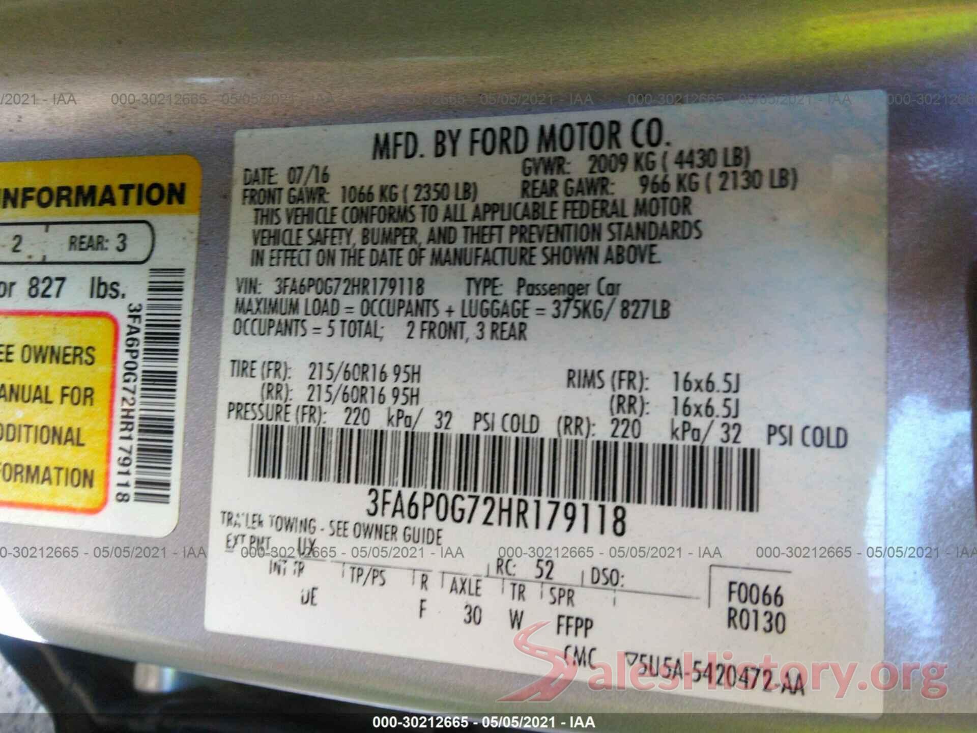 3FA6P0G72HR179118 2017 FORD FUSION