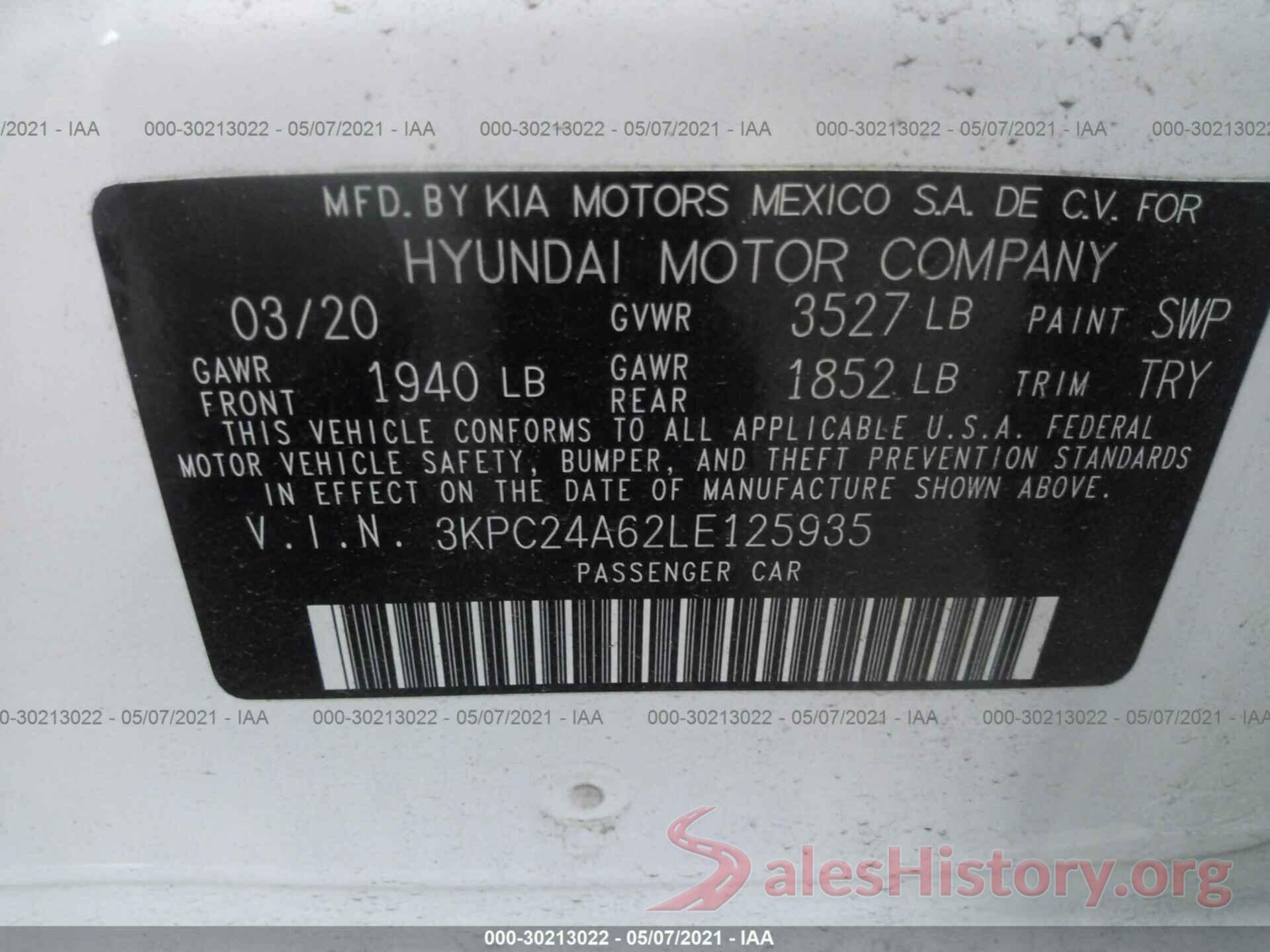 3KPC24A62LE125935 2020 HYUNDAI ACCENT