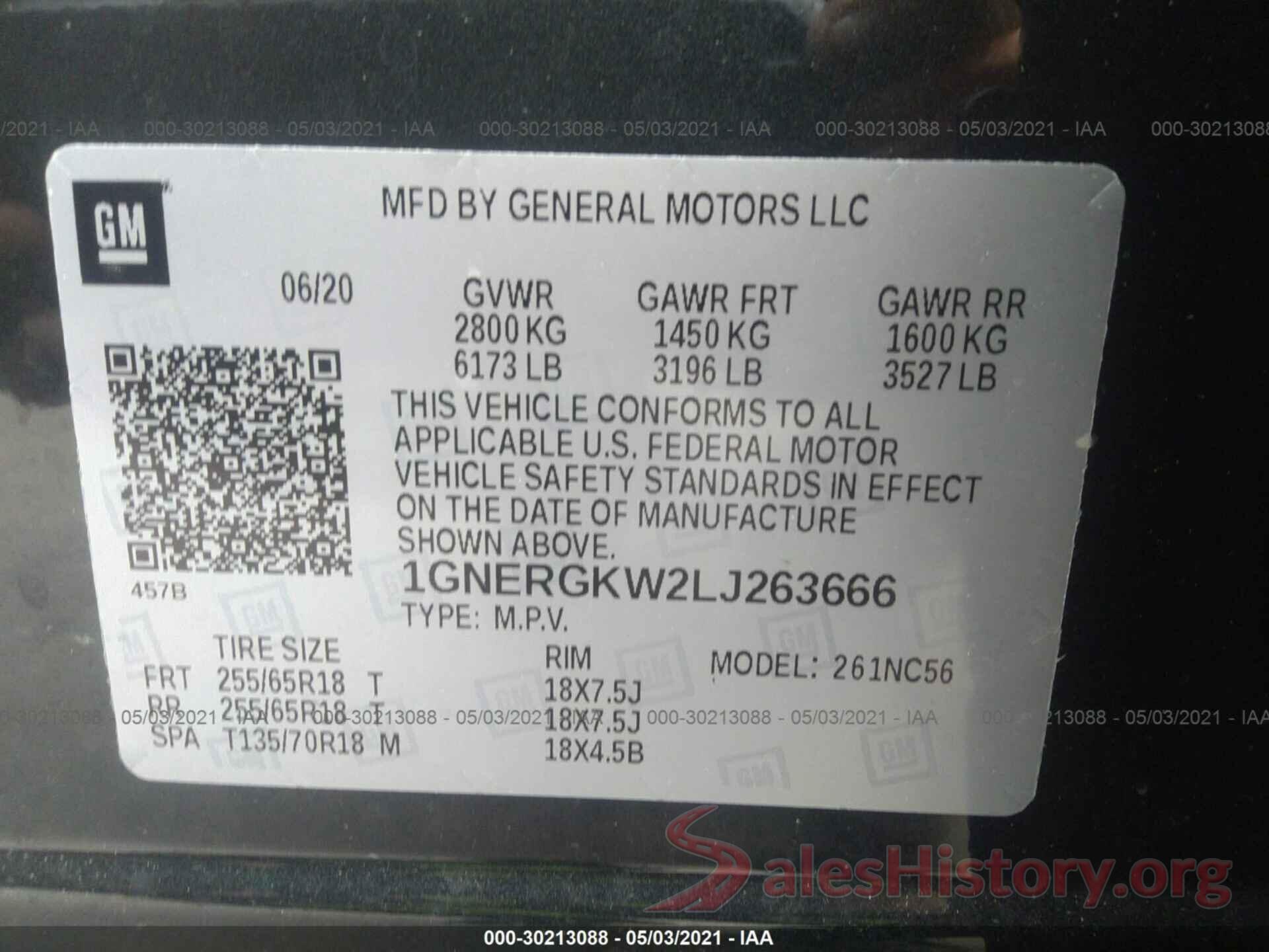 1GNERGKW2LJ263666 2020 CHEVROLET TRAVERSE