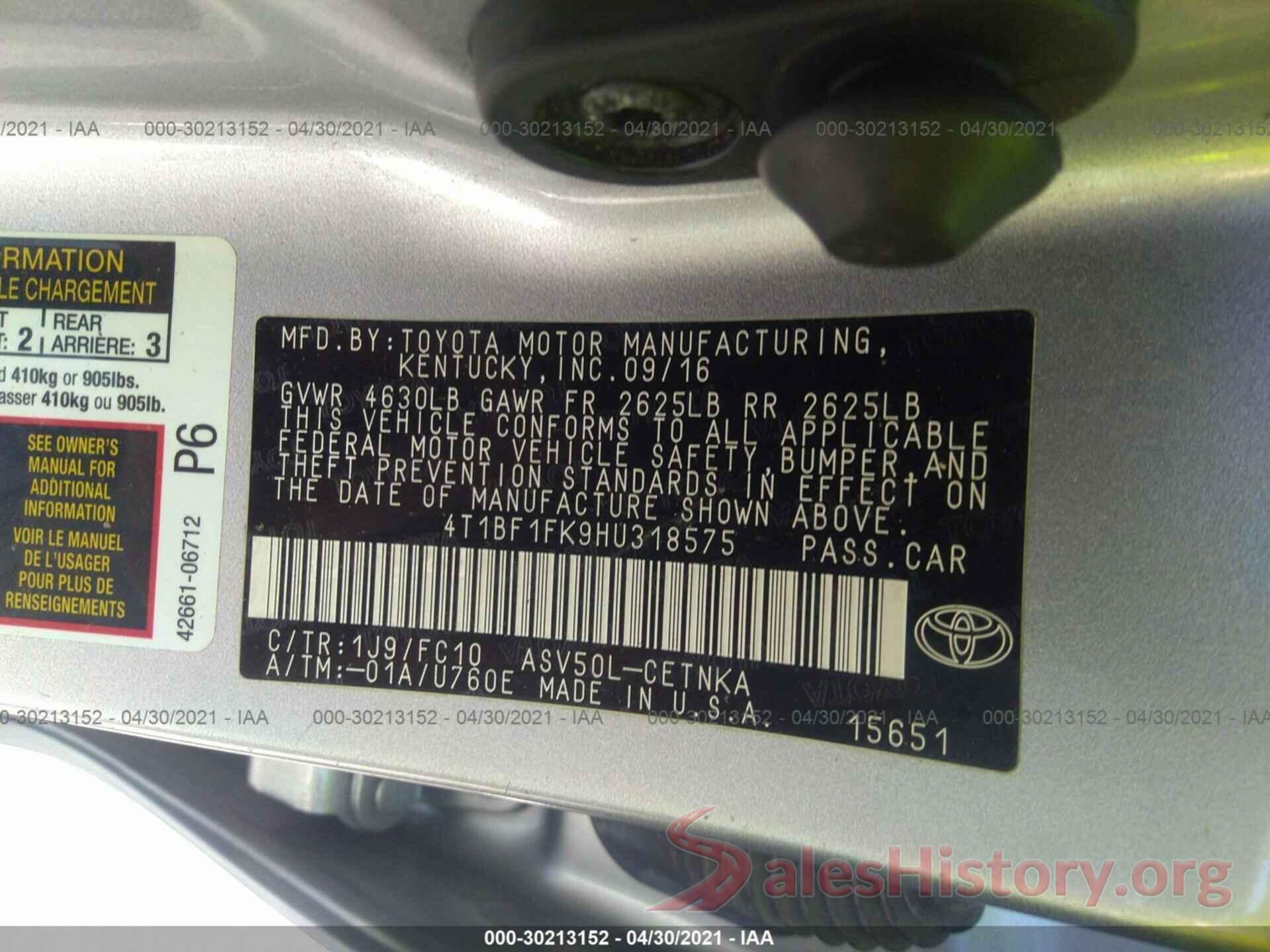 4T1BF1FK9HU318575 2017 TOYOTA CAMRY