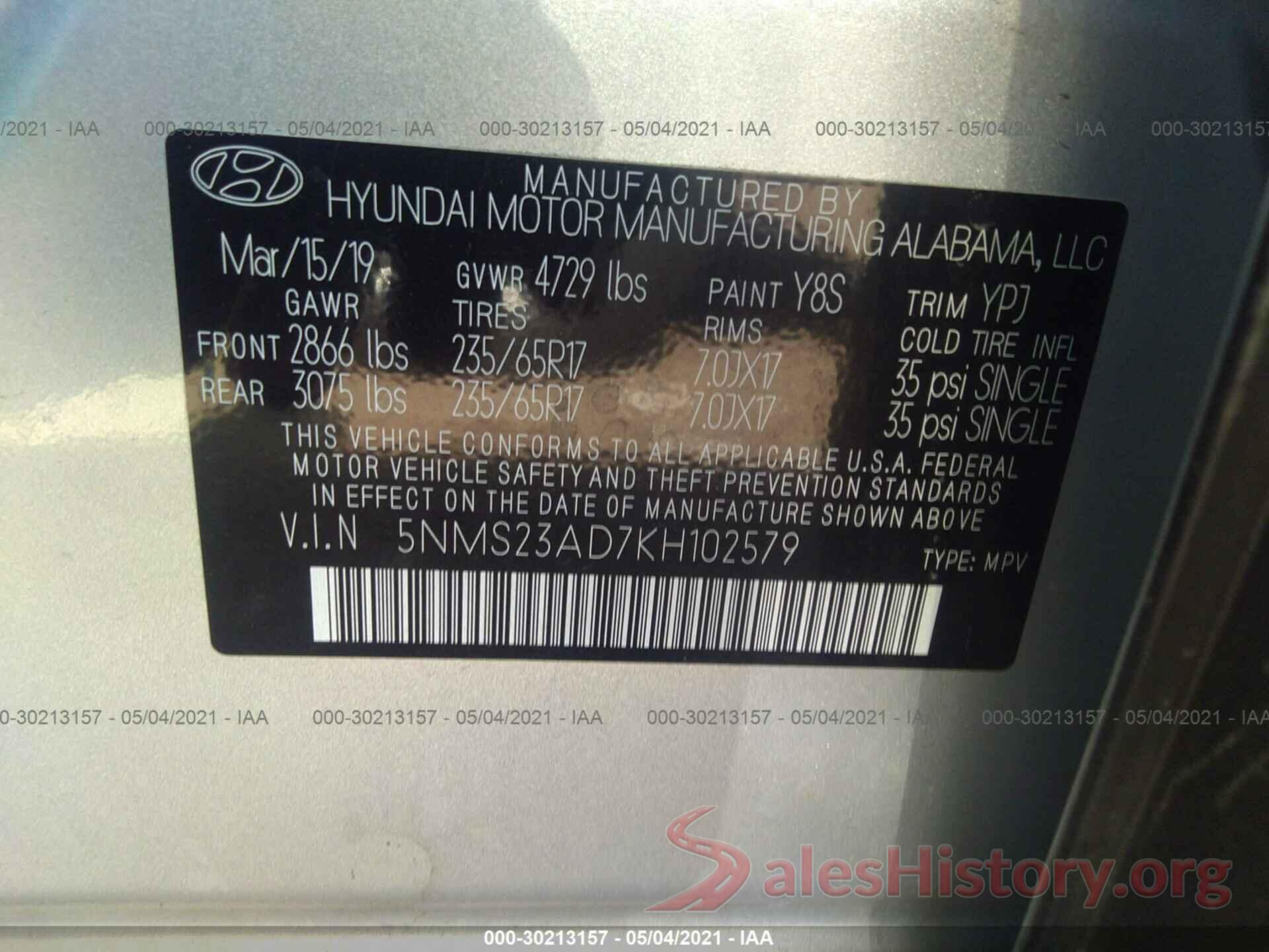 5NMS23AD7KH102579 2019 HYUNDAI SANTA FE