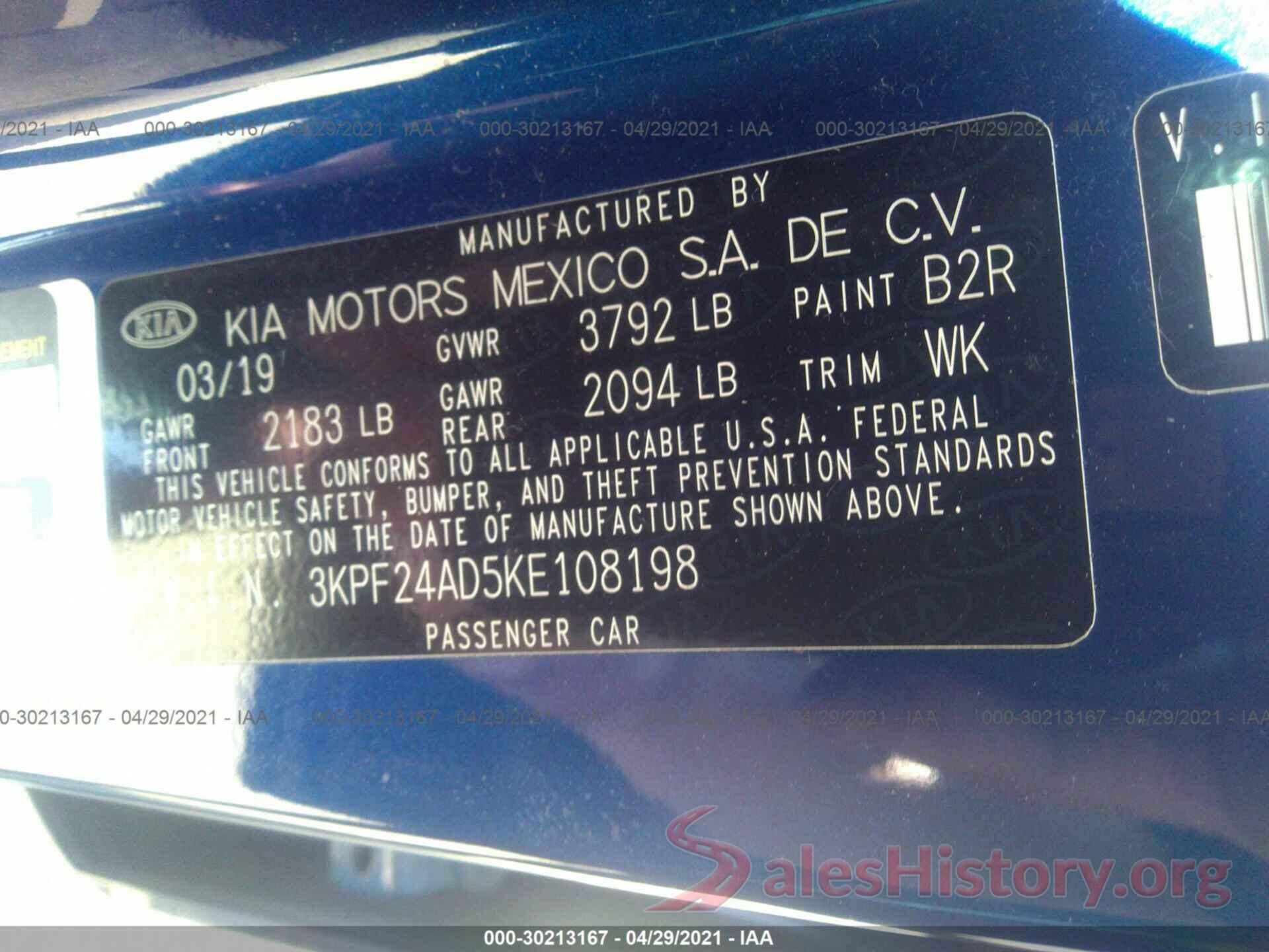 3KPF24AD5KE108198 2019 KIA FORTE