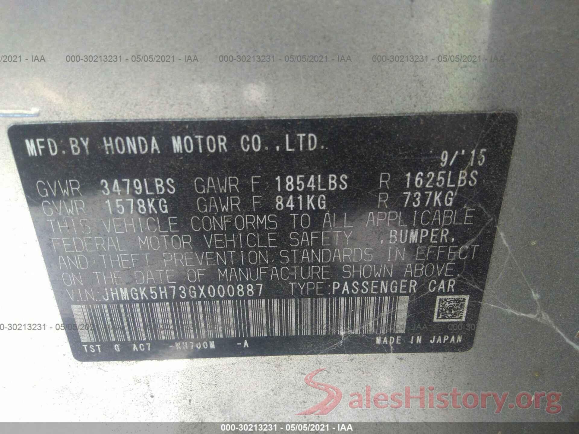 JHMGK5H73GX000887 2016 HONDA FIT