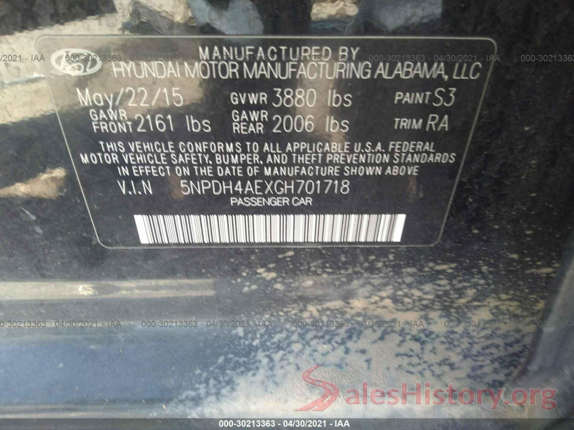 5NPDH4AEXGH701718 2016 HYUNDAI ELANTRA