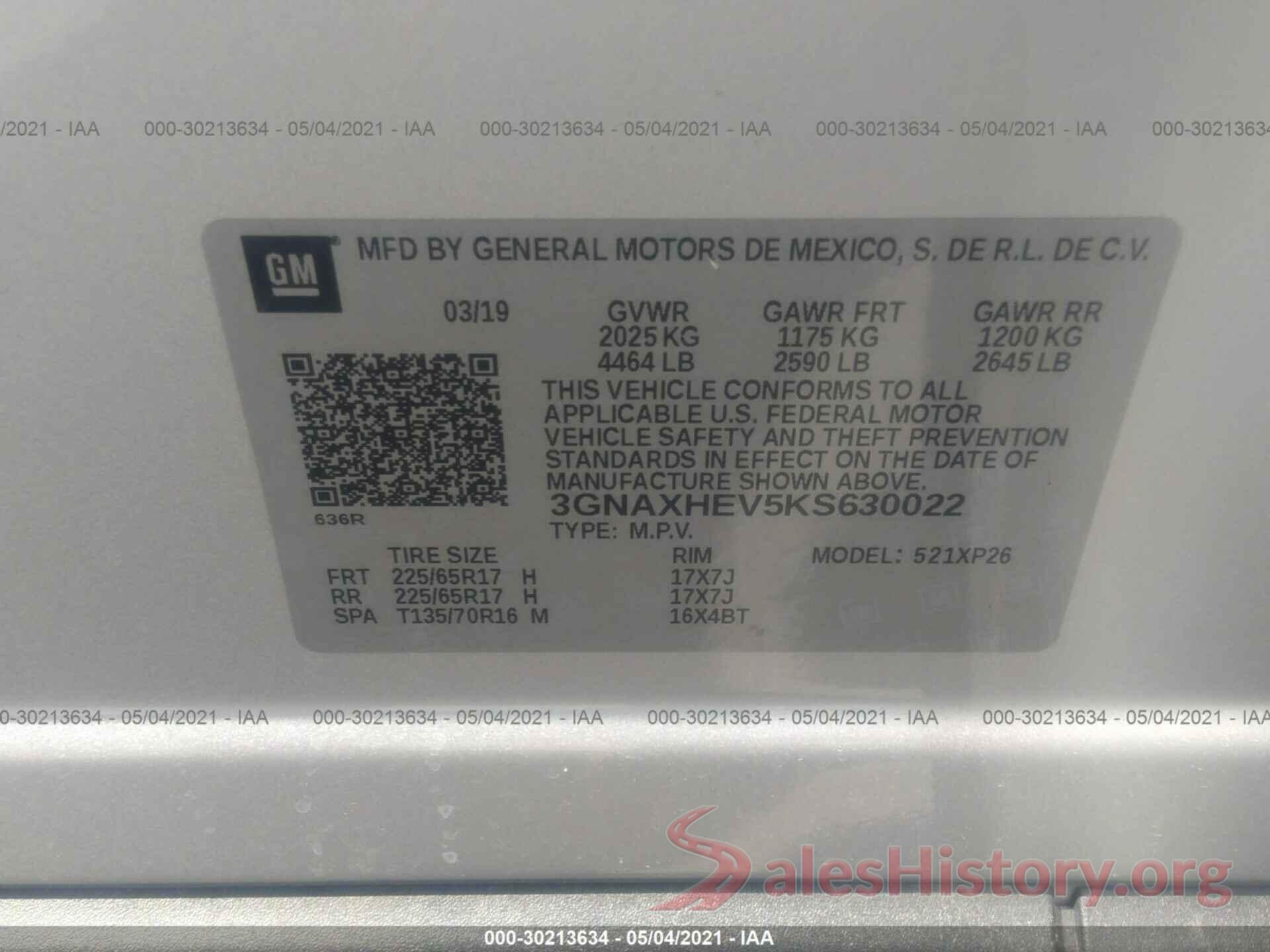 3GNAXHEV5KS630022 2019 CHEVROLET EQUINOX